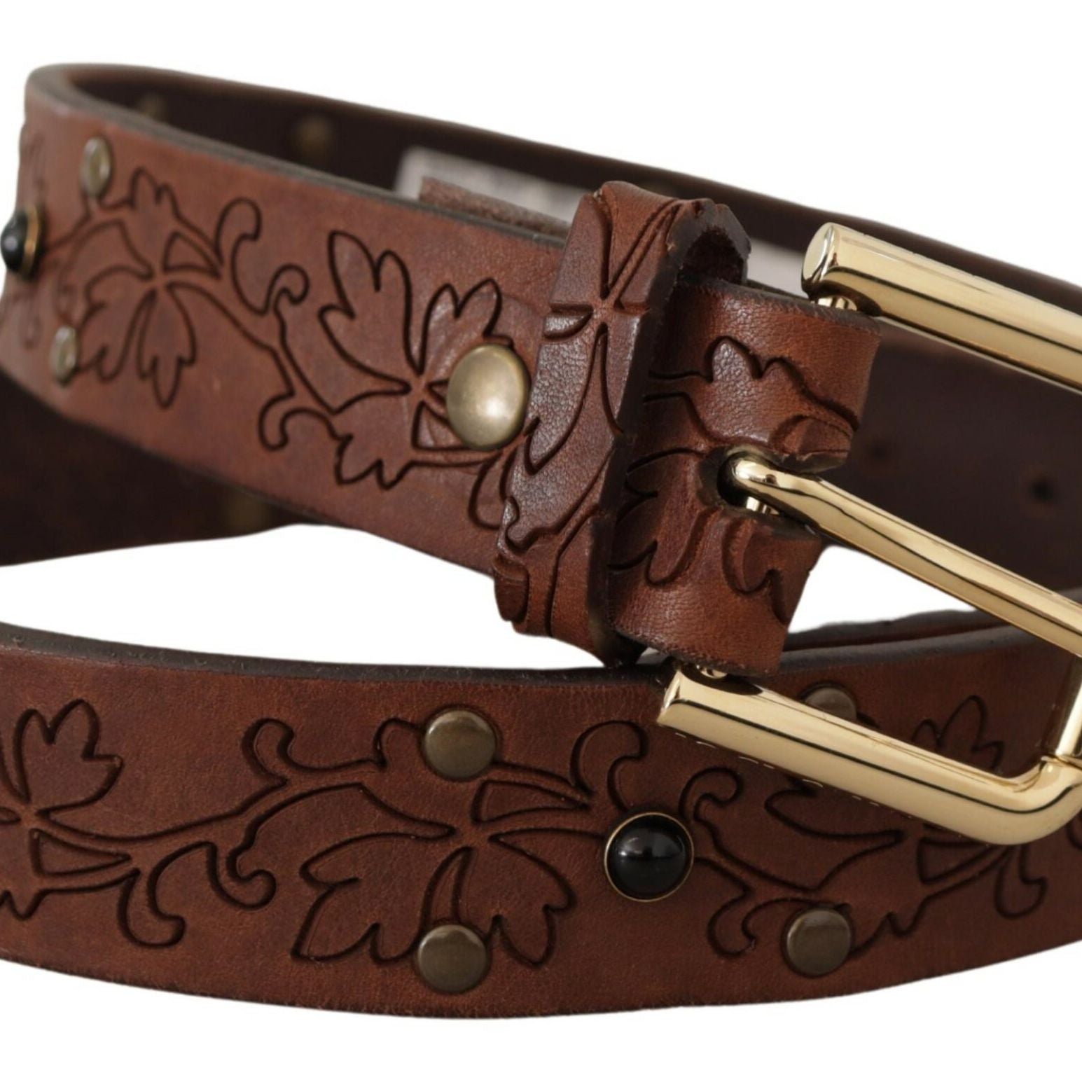 Dolce & Gabbana Brown Leather Floral Studded Metal Buckle Belt
