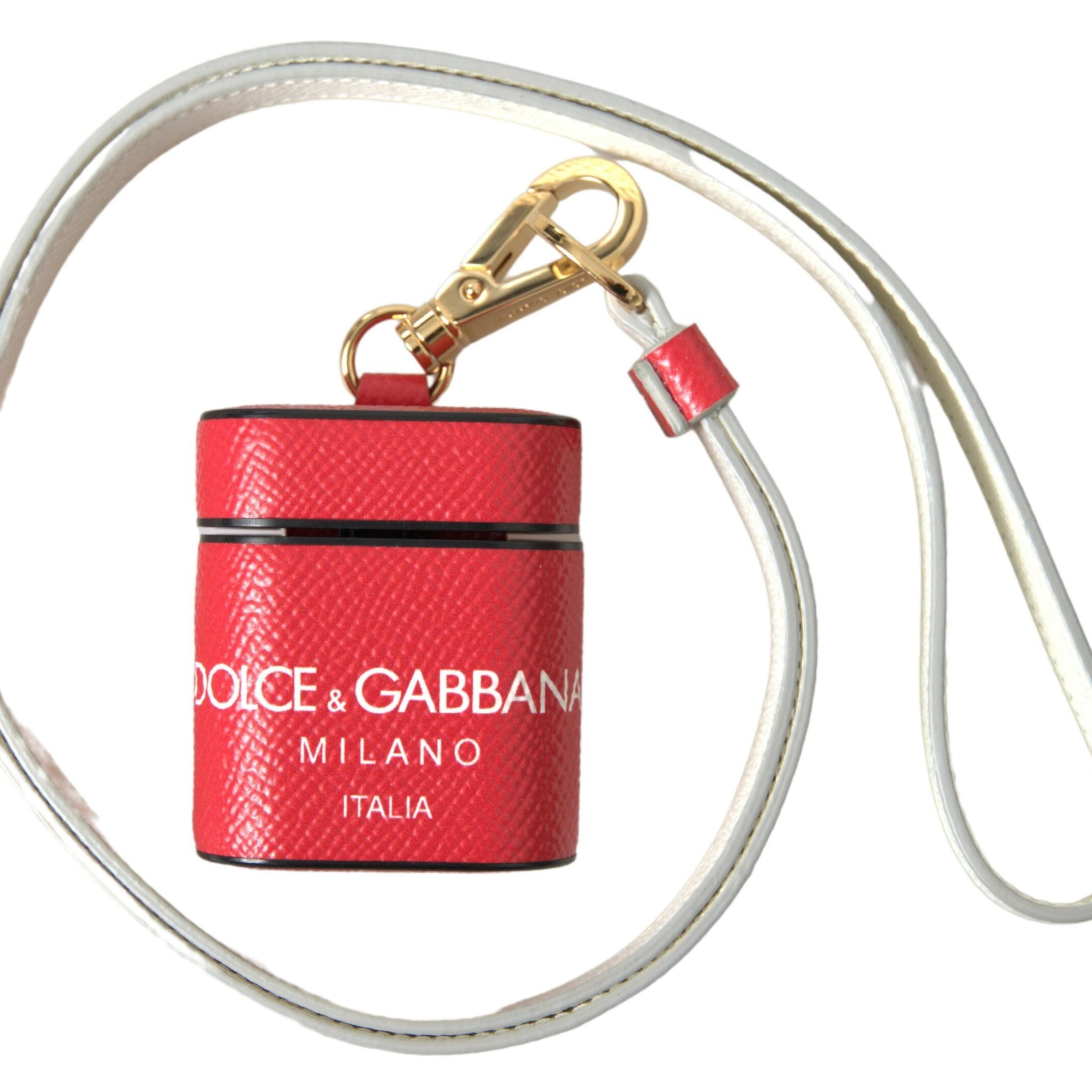 Dolce & Gabbana Red Leather Gold Tone Metal Logo Print Strap Airpods Case