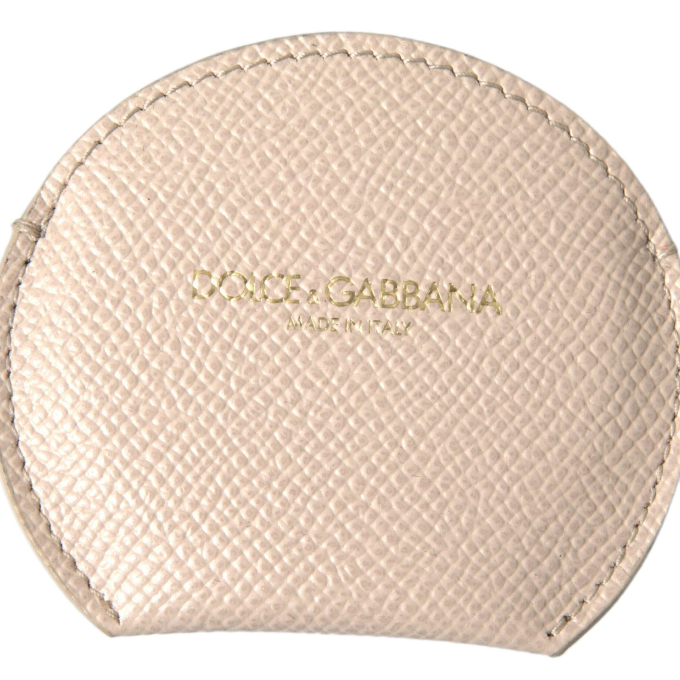 Dolce & Gabbana Beige Calfskin Leather Round Logo Hand Mirror Holder