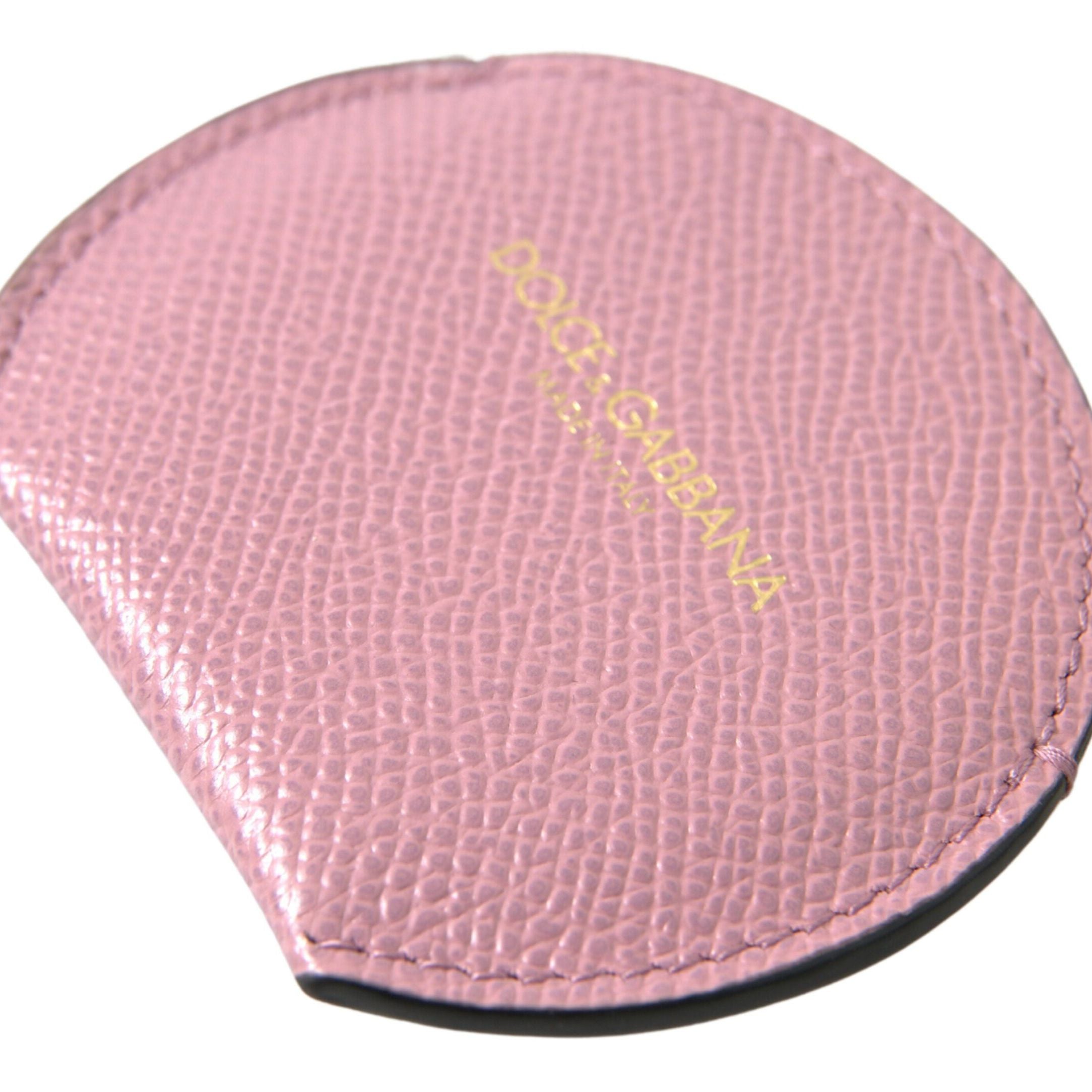 Dolce & Gabbana Pink Calfskin Leather Round Logo Print Hand Mirror Holder