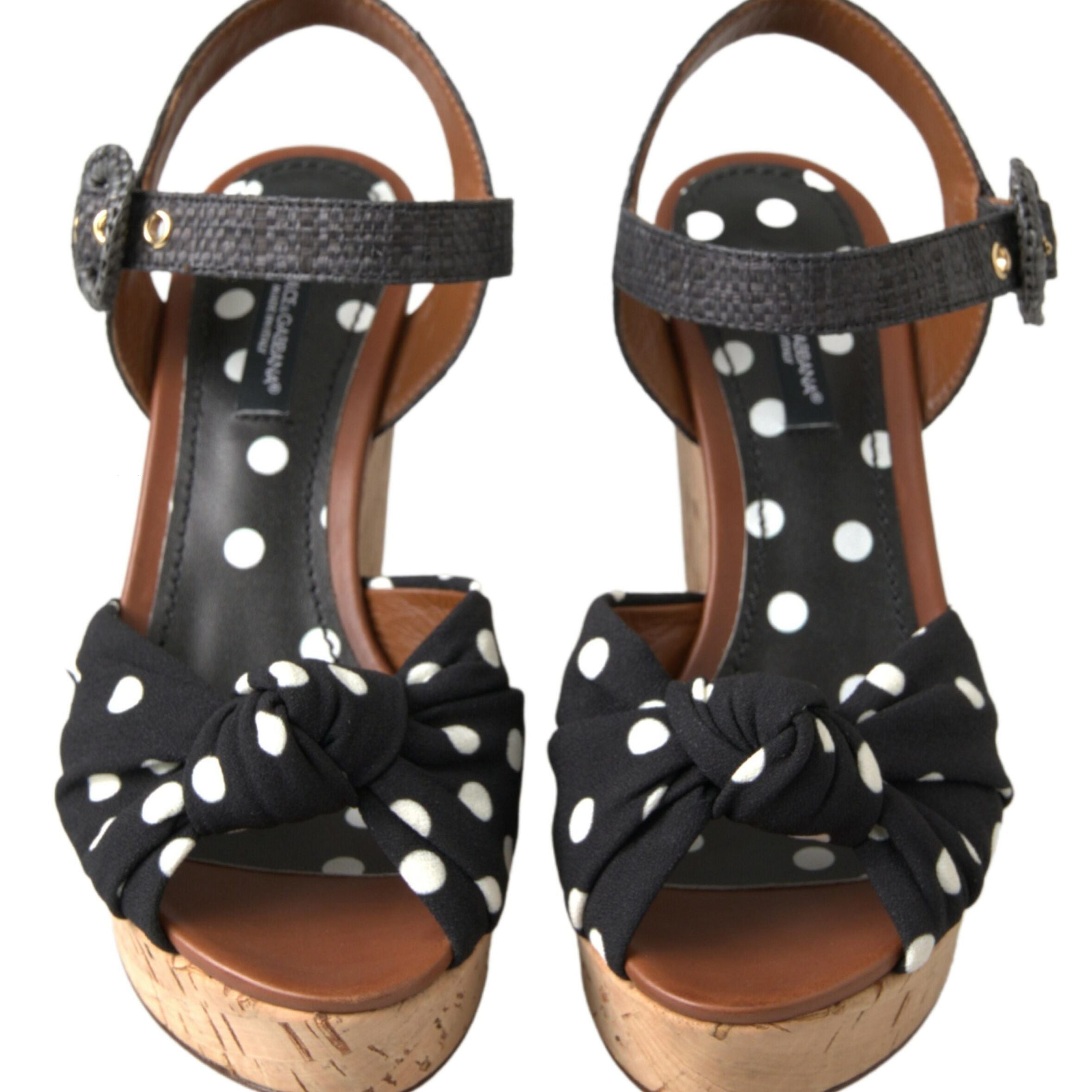 Dolce & Gabbana Black Wedges Polka Dotted Ankle Strap Shoes Sandals