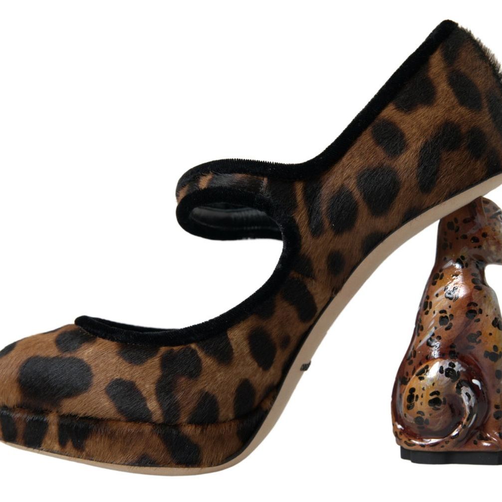 Dolce & Gabbana Black Brown Calf Leopard Heel Mary Jane Pump Shoes