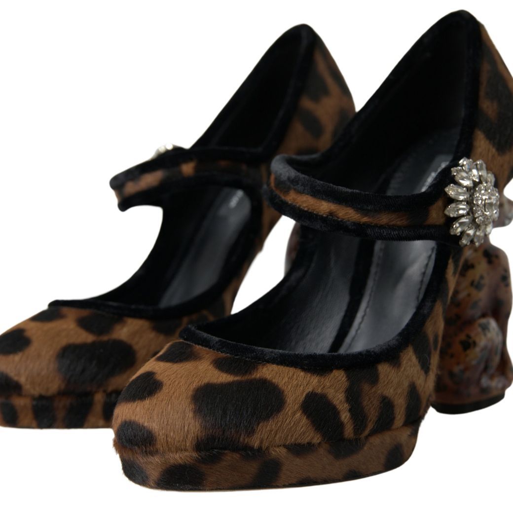 Dolce & Gabbana Black Brown Calf Leopard Heel Mary Jane Pump Shoes