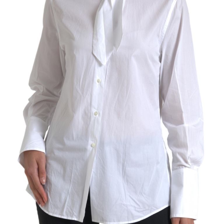 Dolce & Gabbana White Cotton Ascot Collar Long Sleeves Top