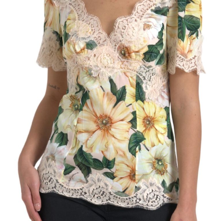 Dolce & Gabbana Multicolor Floral Lace V Neck Blouse