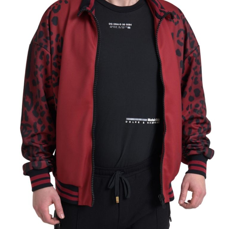 Dolce & Gabbana Red Leopard Polyester Bomber Full Zip Jacket