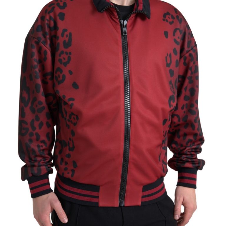 Dolce & Gabbana Red Leopard Polyester Bomber Full Zip Jacket