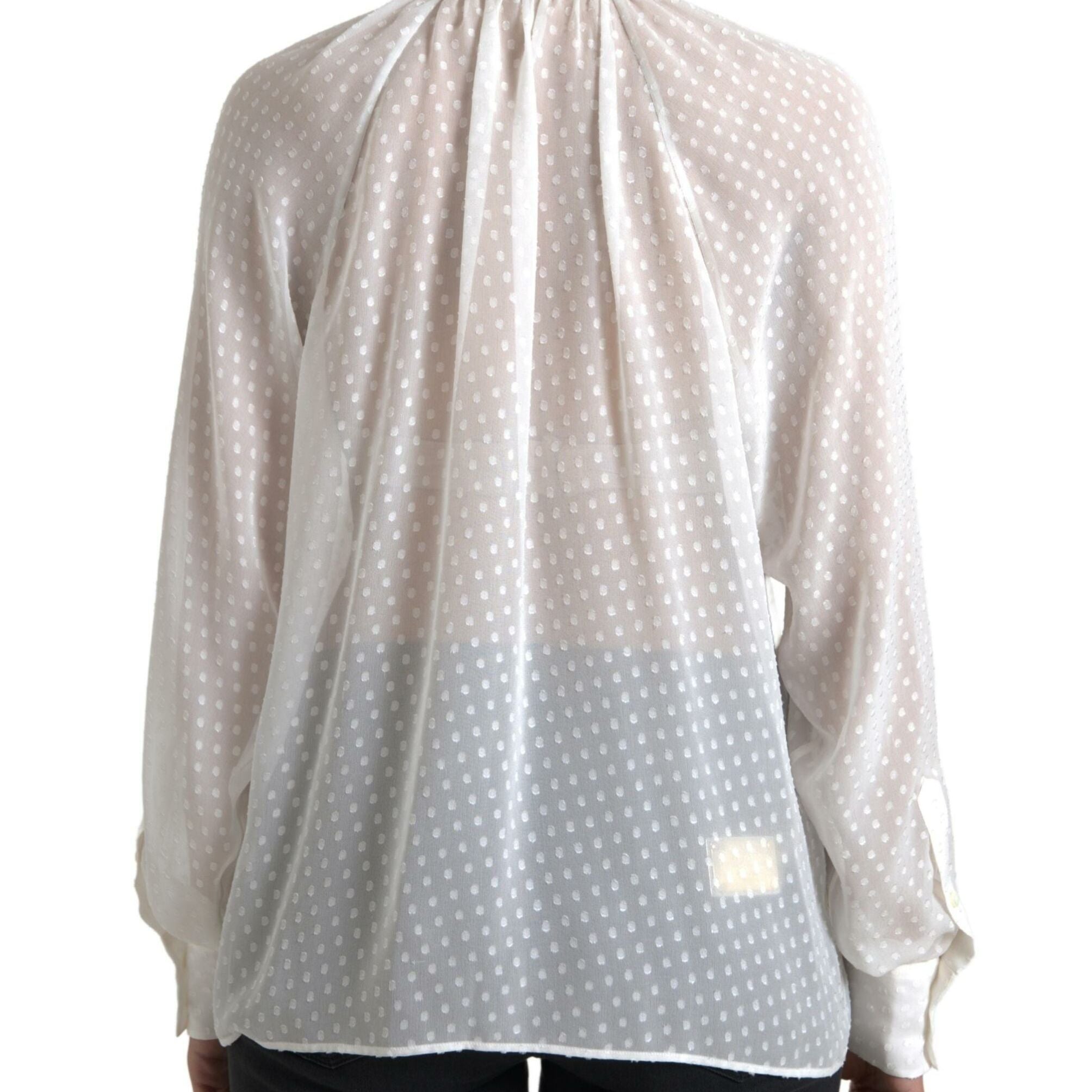 Dolce & Gabbana White Silk Sheer Tied Neck Polka Dots Blouse