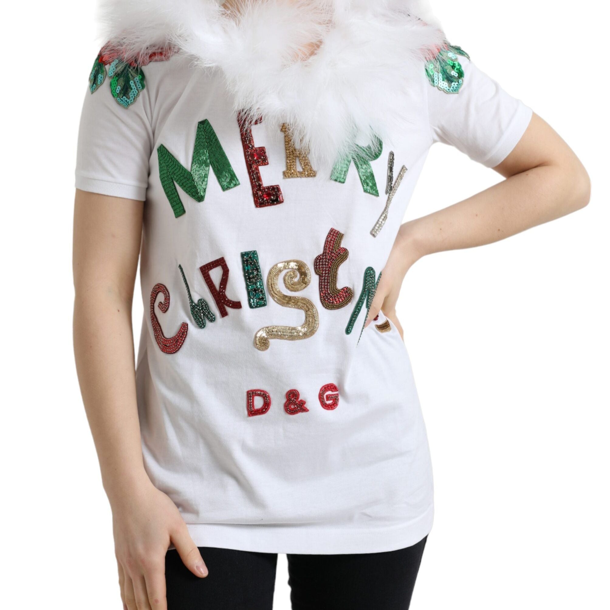 Dolce & Gabbana White Cotton Christmas Sequin Fur T-shirt