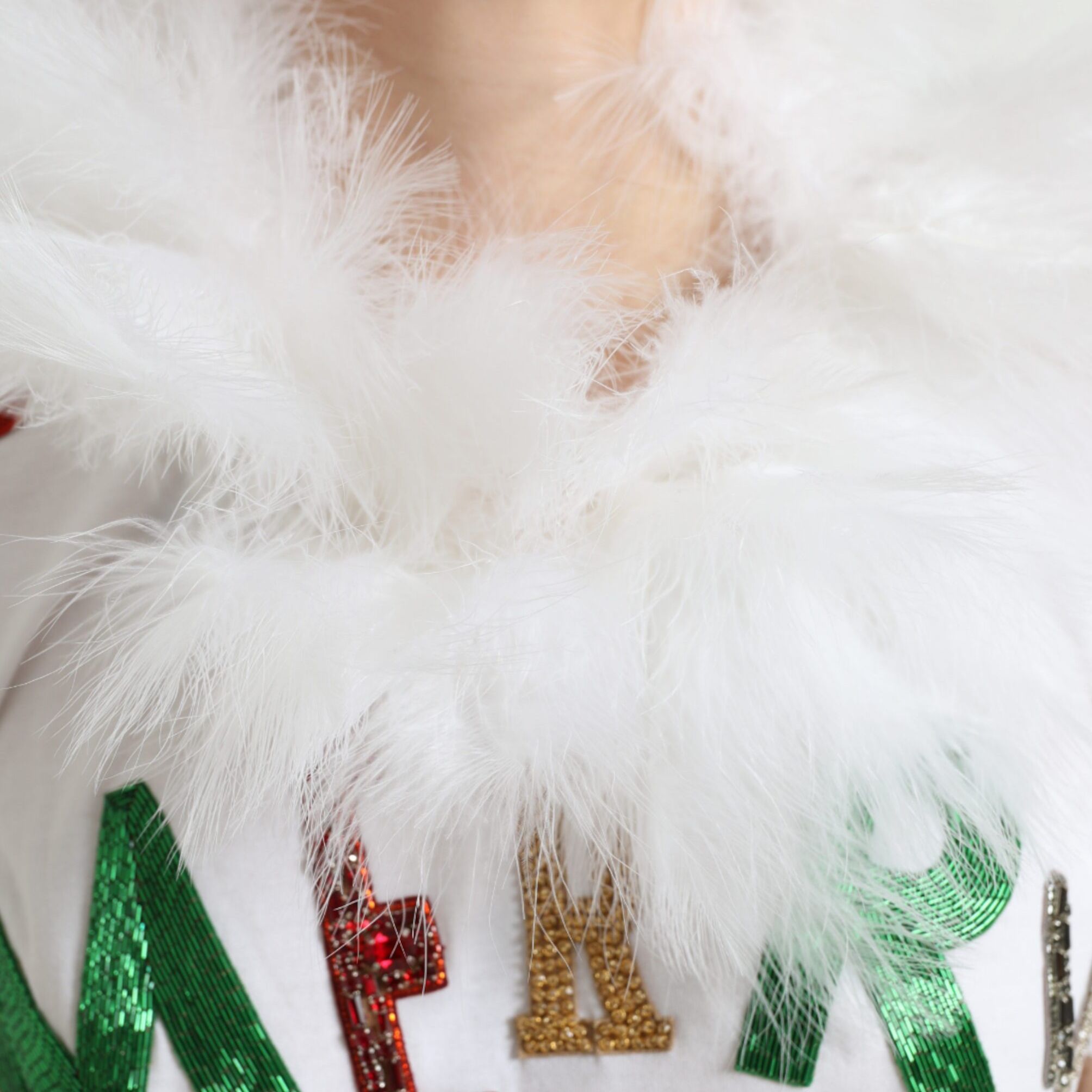 Dolce & Gabbana White Cotton Christmas Sequin Fur T-shirt