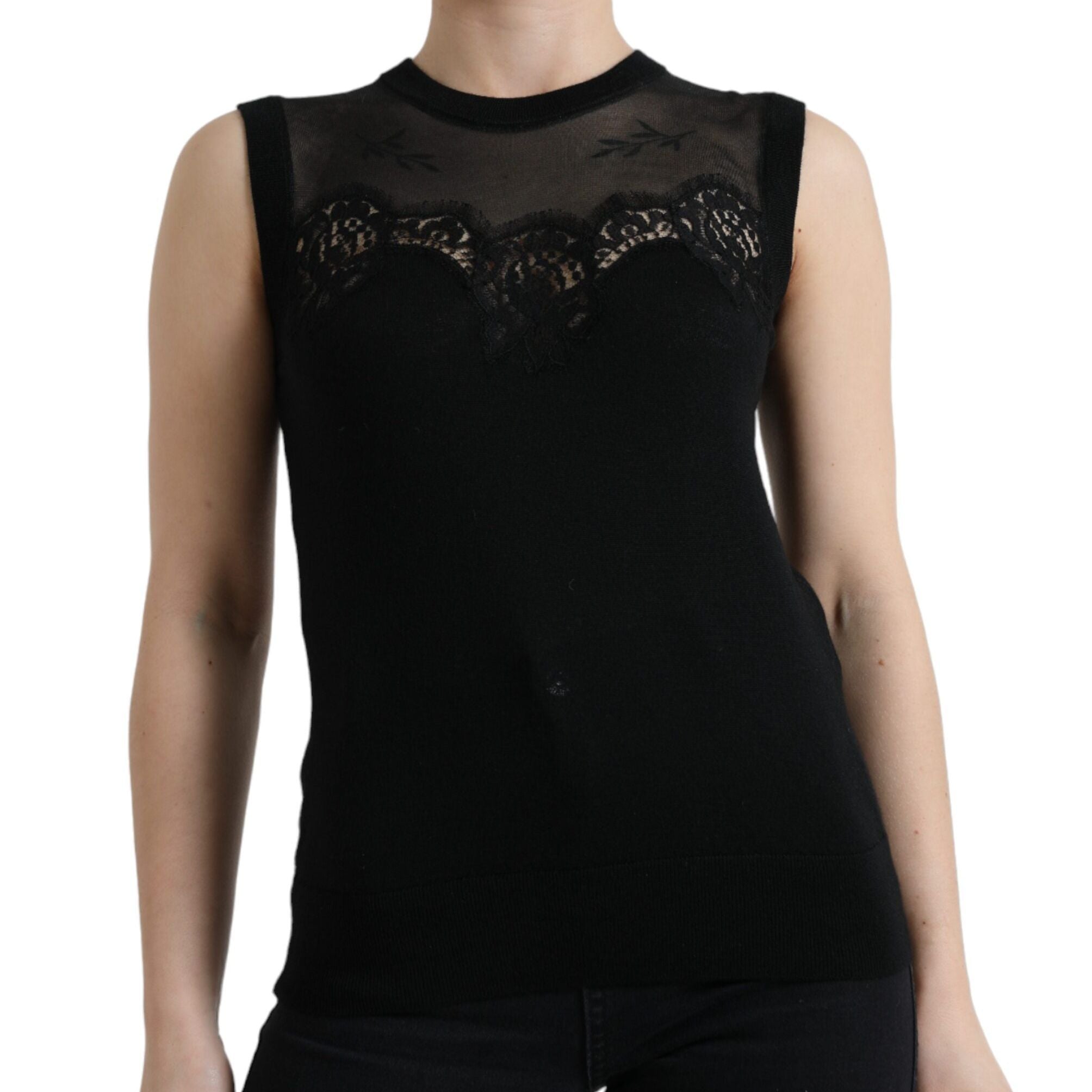 Dolce & Gabbana Black Cashmere Lace Trim Sleeveless Tank Top