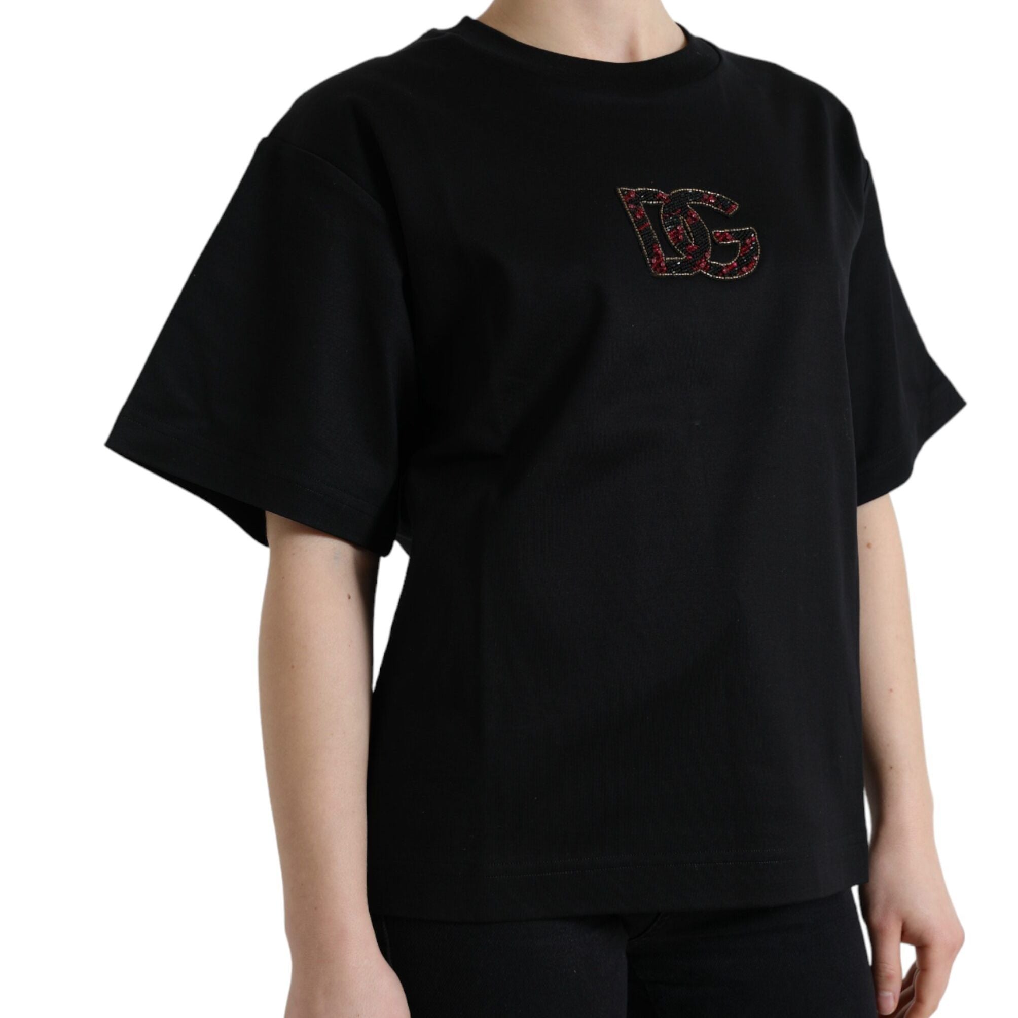 Dolce & Gabbana Black Cotton DG Crystal Crewneck Tee T-shirt