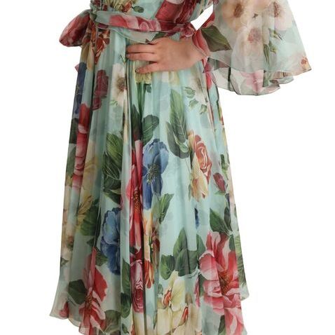 Dolce & Gabbana Multicolor Green Floral Silk Wrap Midi Dress