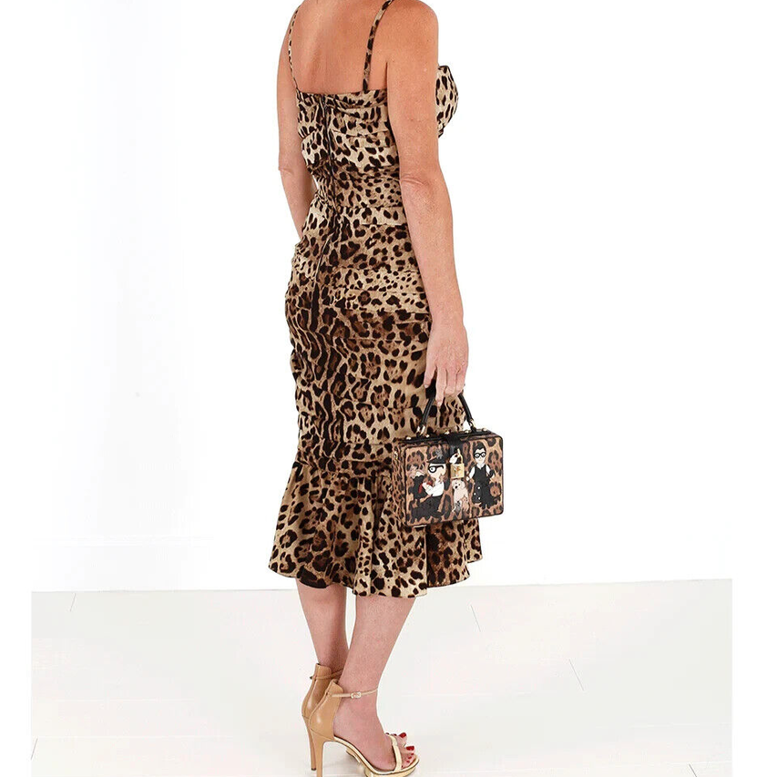 Dolce & Gabbana Brown Leopard Print Ruched Midi Dress