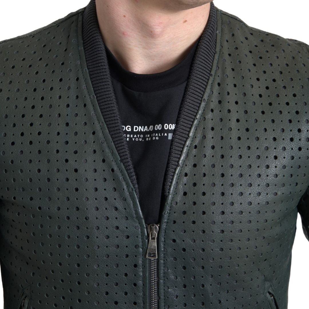 Dolce & Gabbana Green Perforated Leather Bomber Jacket