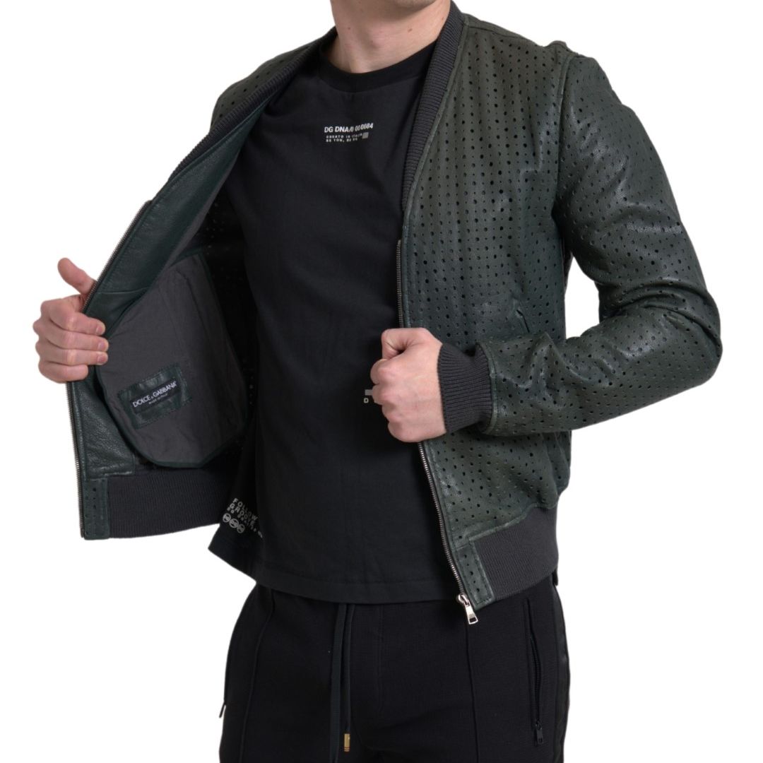 Dolce & Gabbana Green Perforated Leather Bomber Jacket