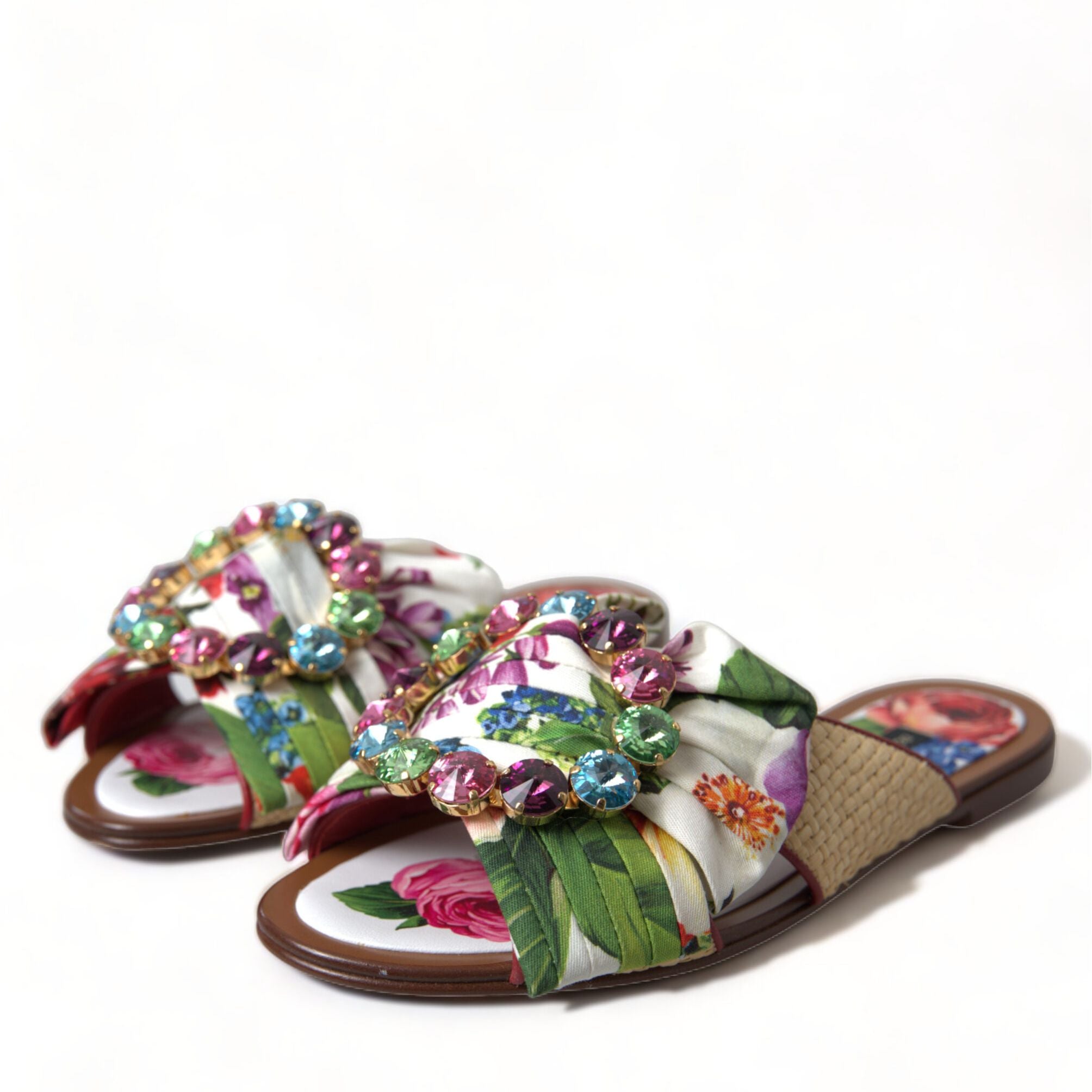 Dolce & Gabbana Multicolor Floral Flats Crystal Sandals Shoes