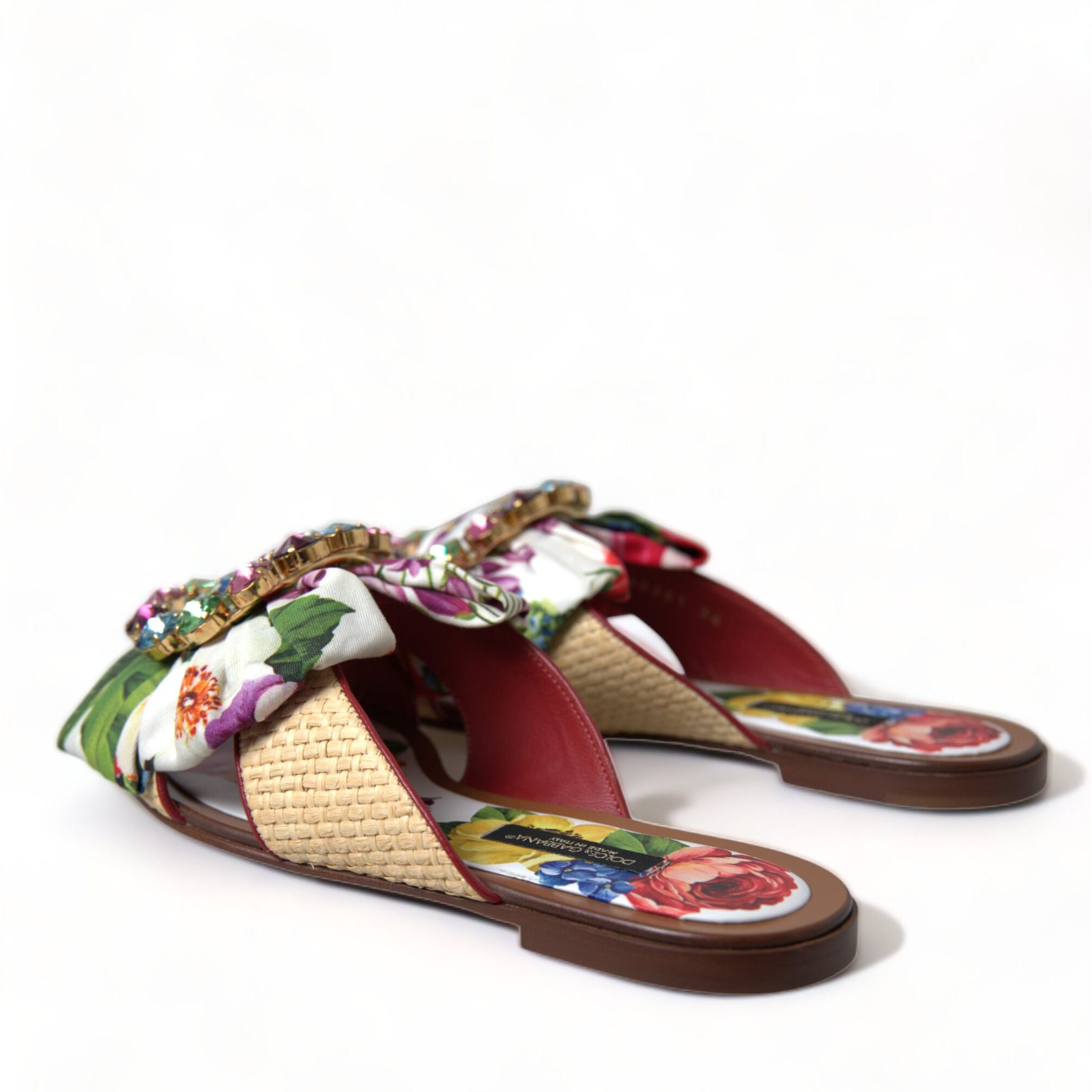 Dolce & Gabbana Multicolor Floral Flats Crystal Sandals Shoes