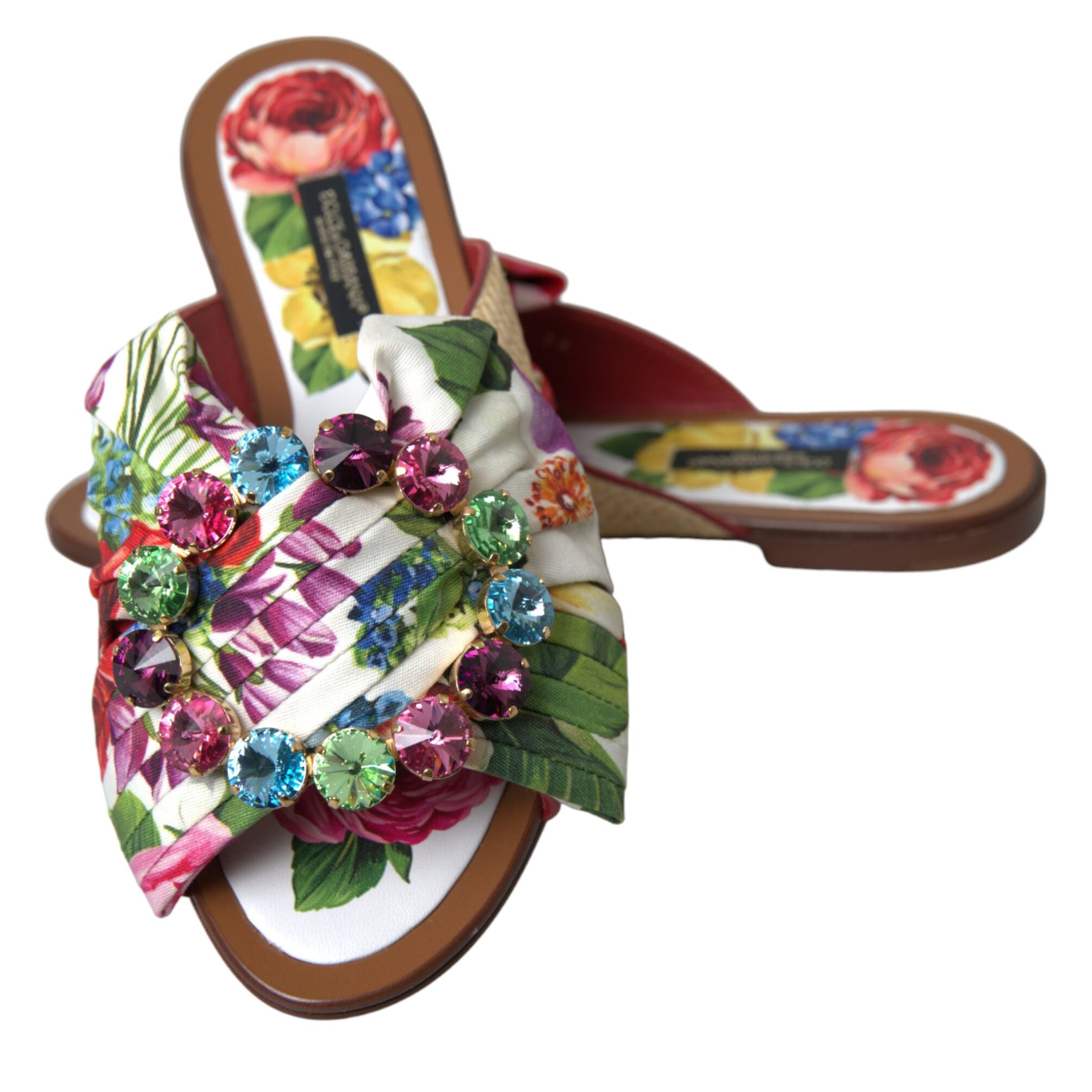 Dolce & Gabbana Multicolor Floral Flats Crystal Sandals Shoes