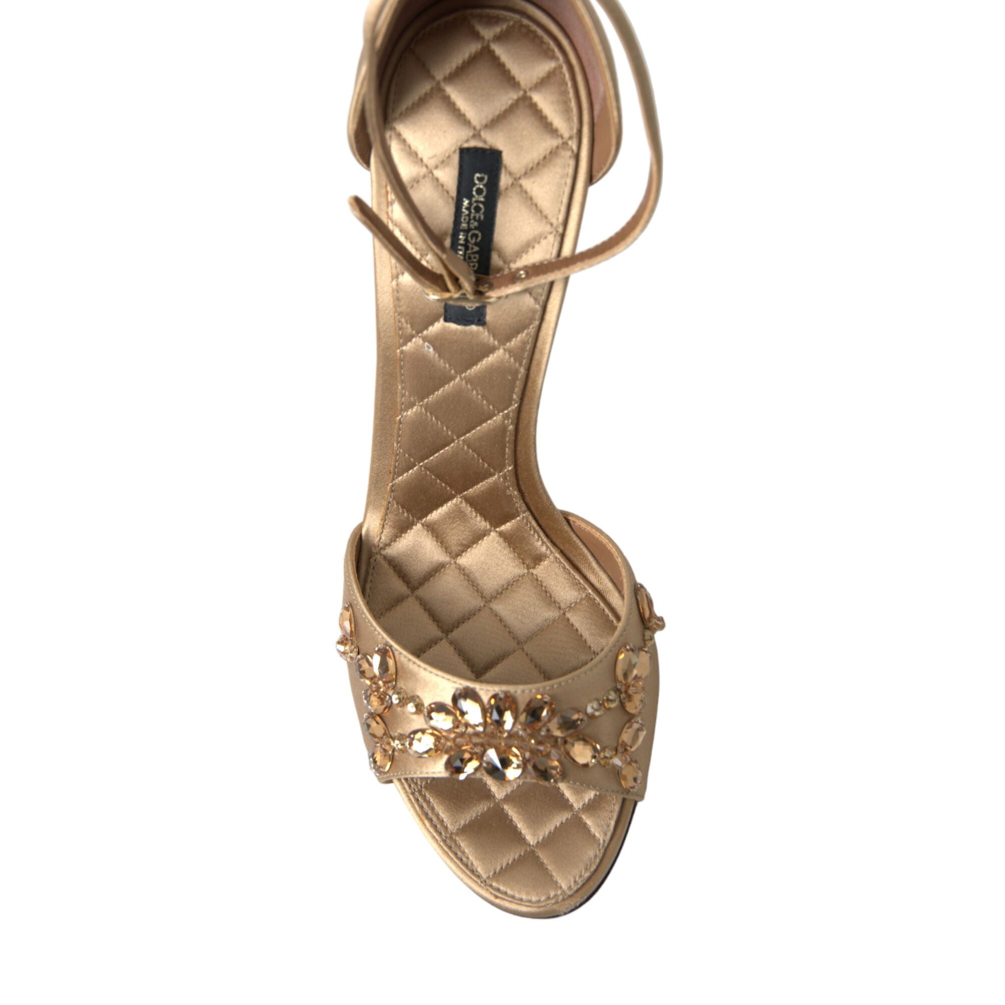 Dolce & Gabbana Gold Satin Ankle Strap Crystal Sandals Shoes
