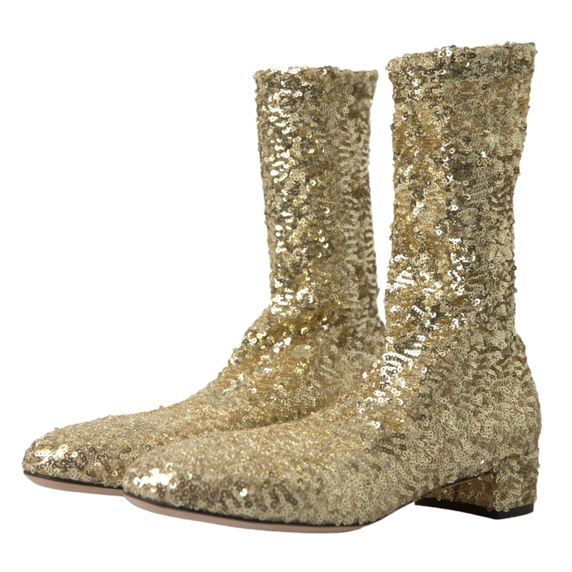 Dolce & Gabbana Gold Sequined Short Boots Stretch Shoes