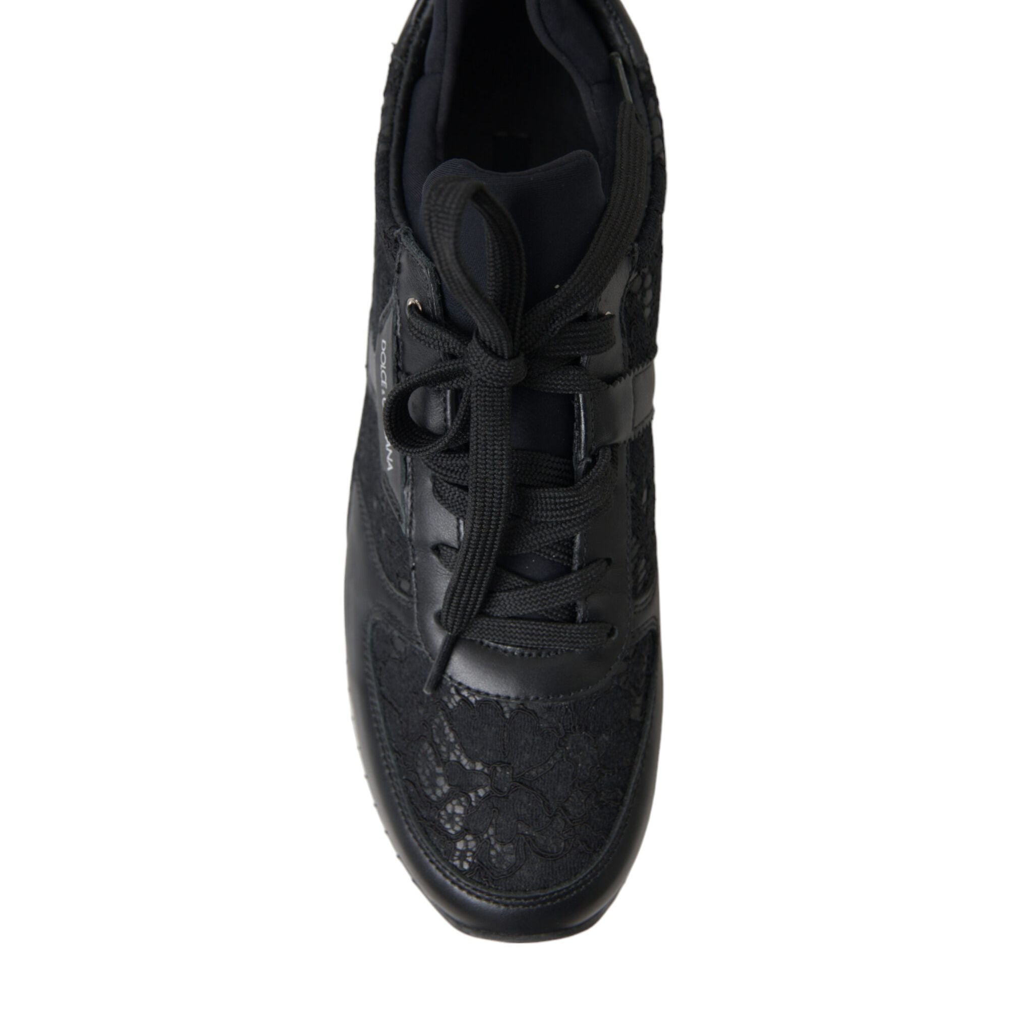 Dolce & Gabbana Black Floral Lace Leather Sneakers Shoes