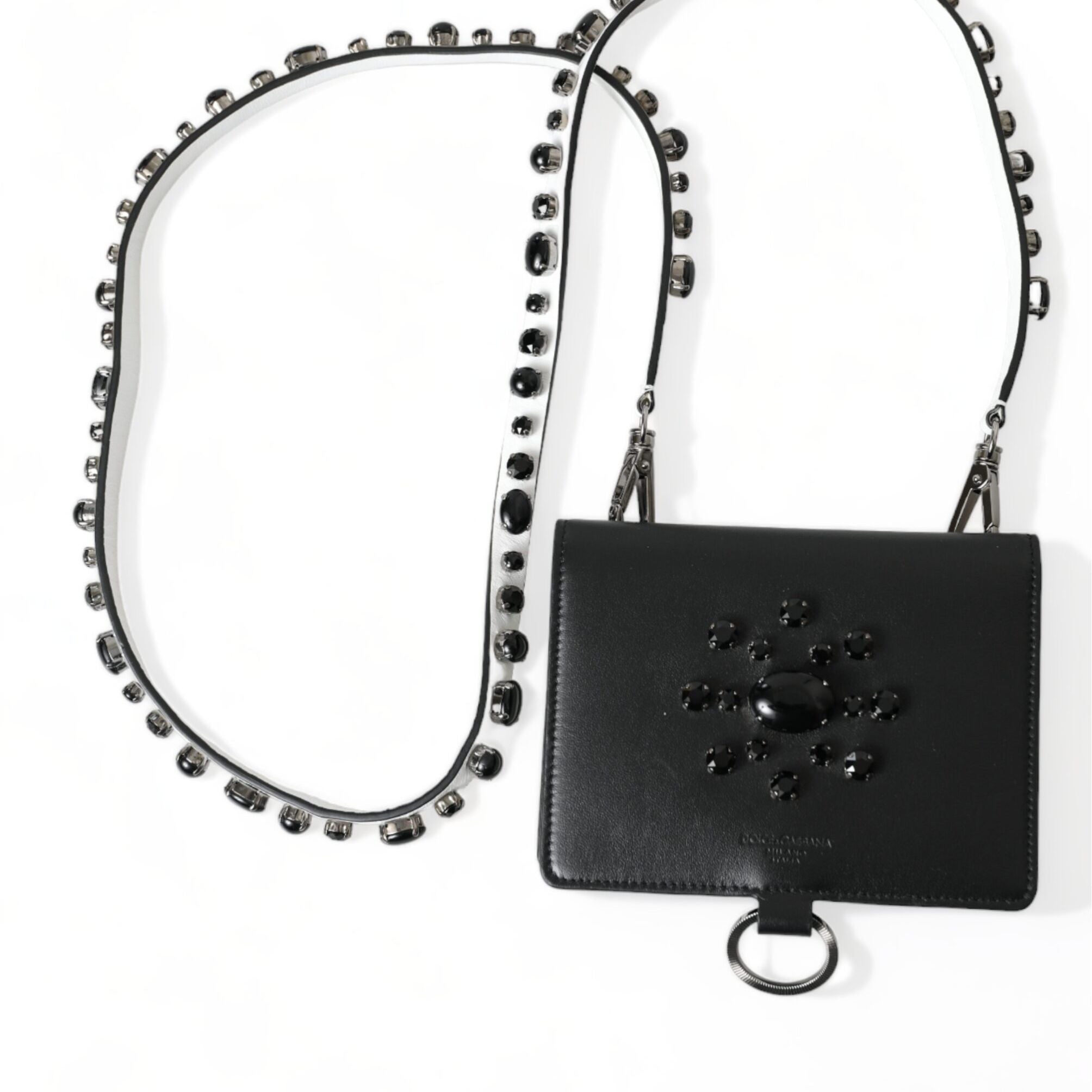 Dolce & Gabbana Black Leather Crystal Embellished Card Holder Wallet