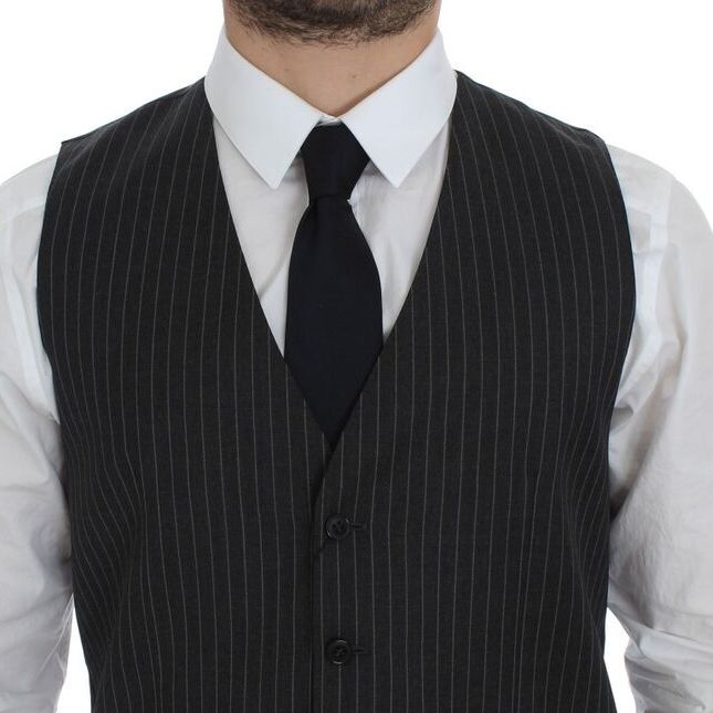 Dolce & Gabbana Gray Striped Wool Single Breasted Vest
