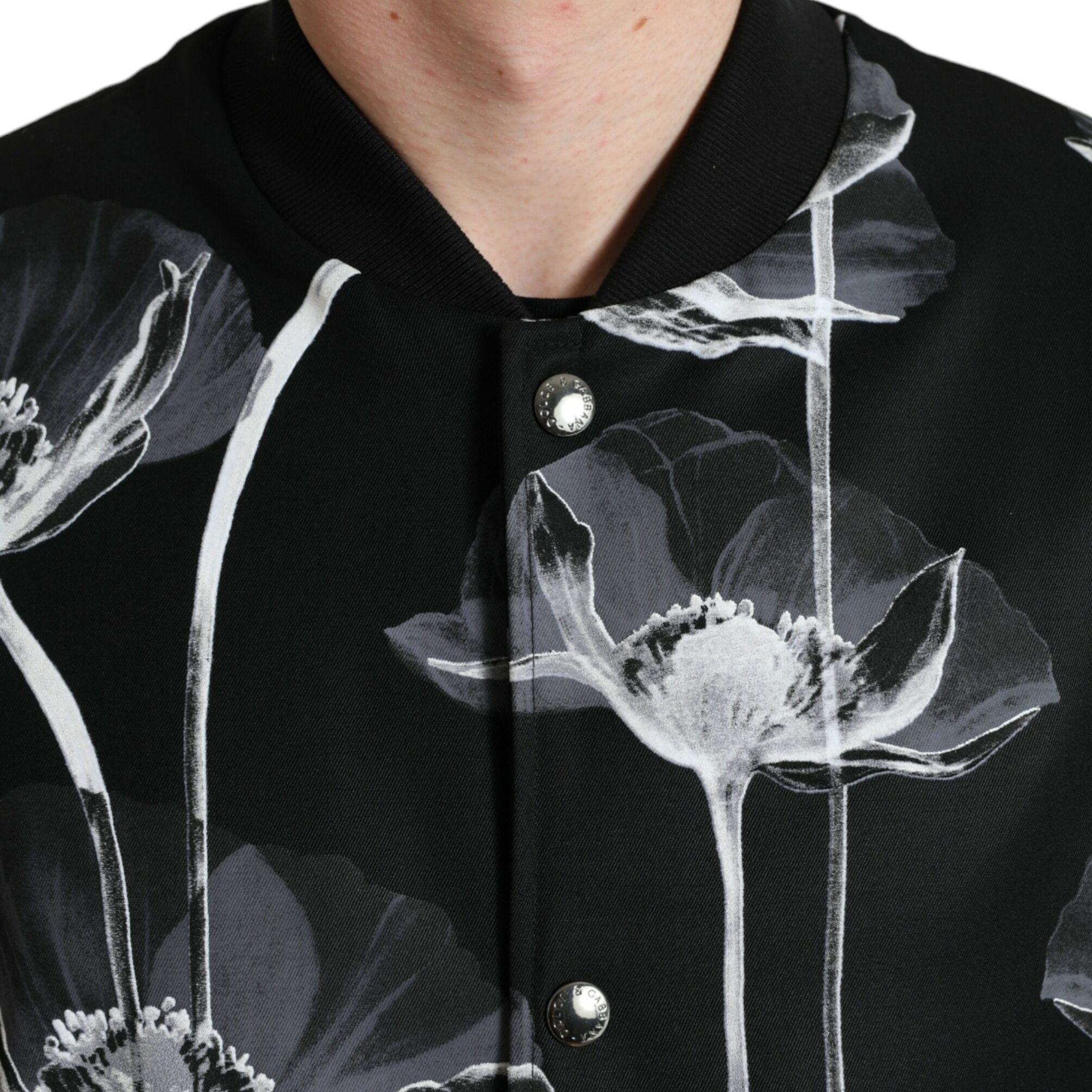 Dolce & Gabbana Black Floral Print Wool Button Down Bomber Jacket