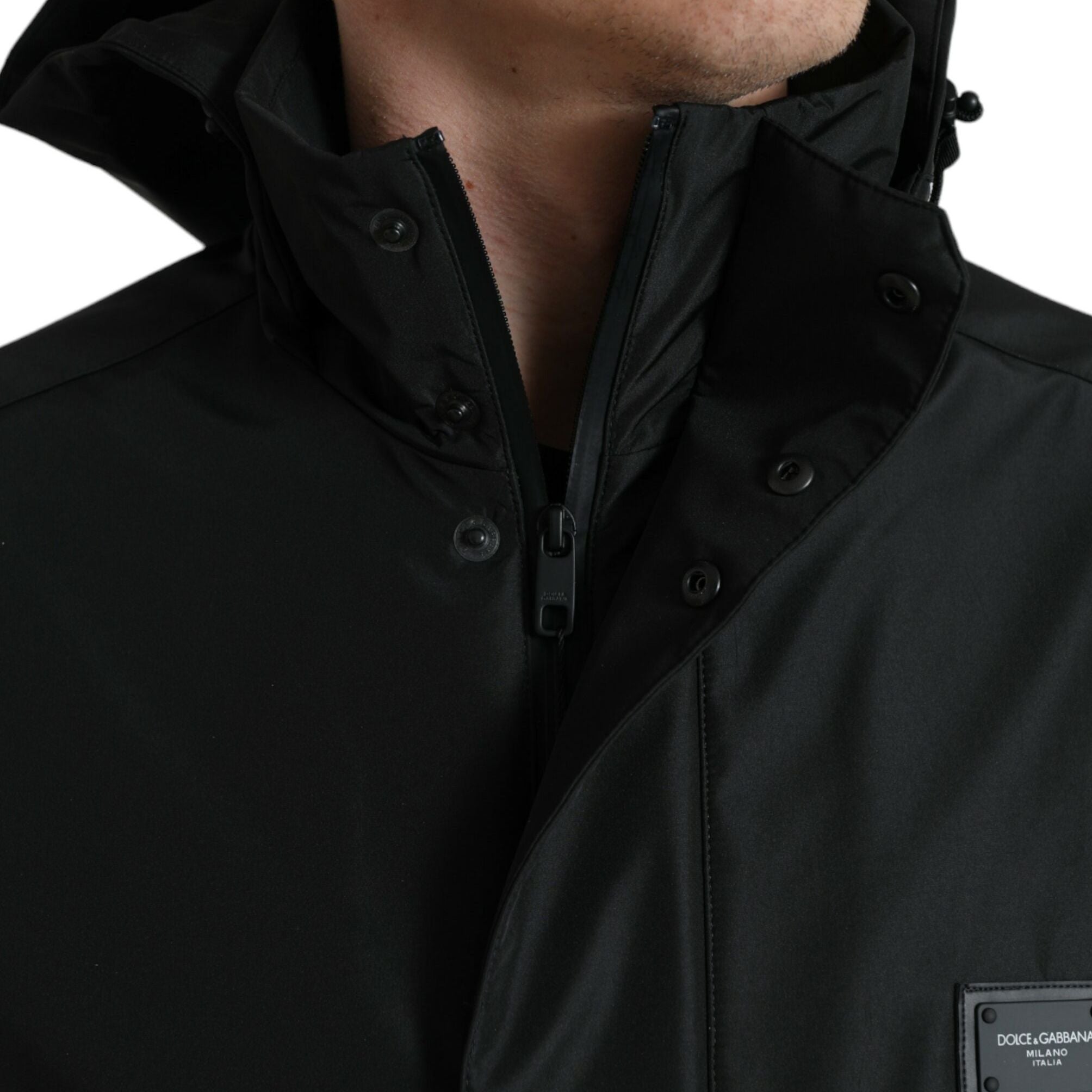 Dolce & Gabbana Black Polyester Logo Plaque Hooded Jacket