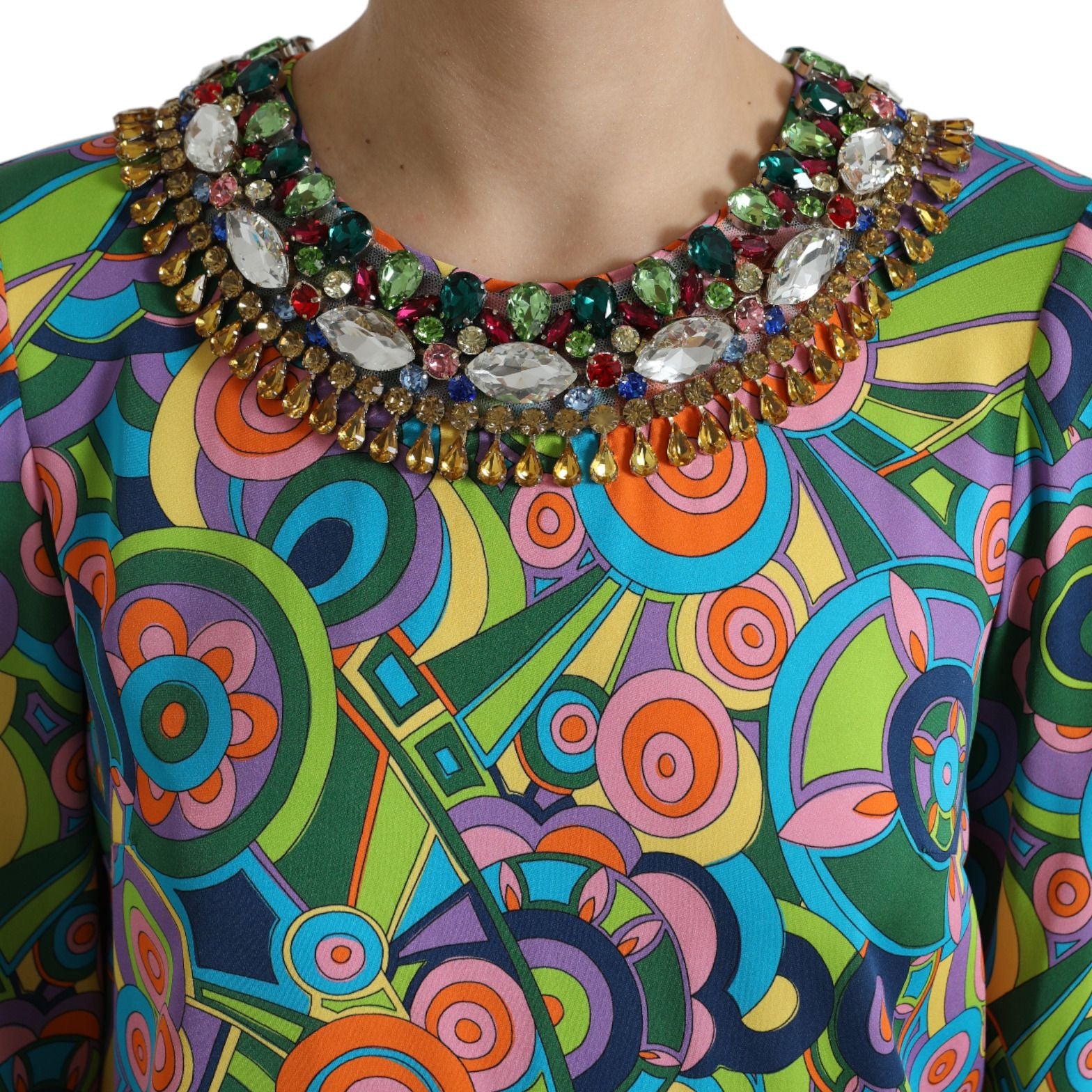 Dolce & Gabbana Multicolor Geometric Print Silk Crystals Midi Dress