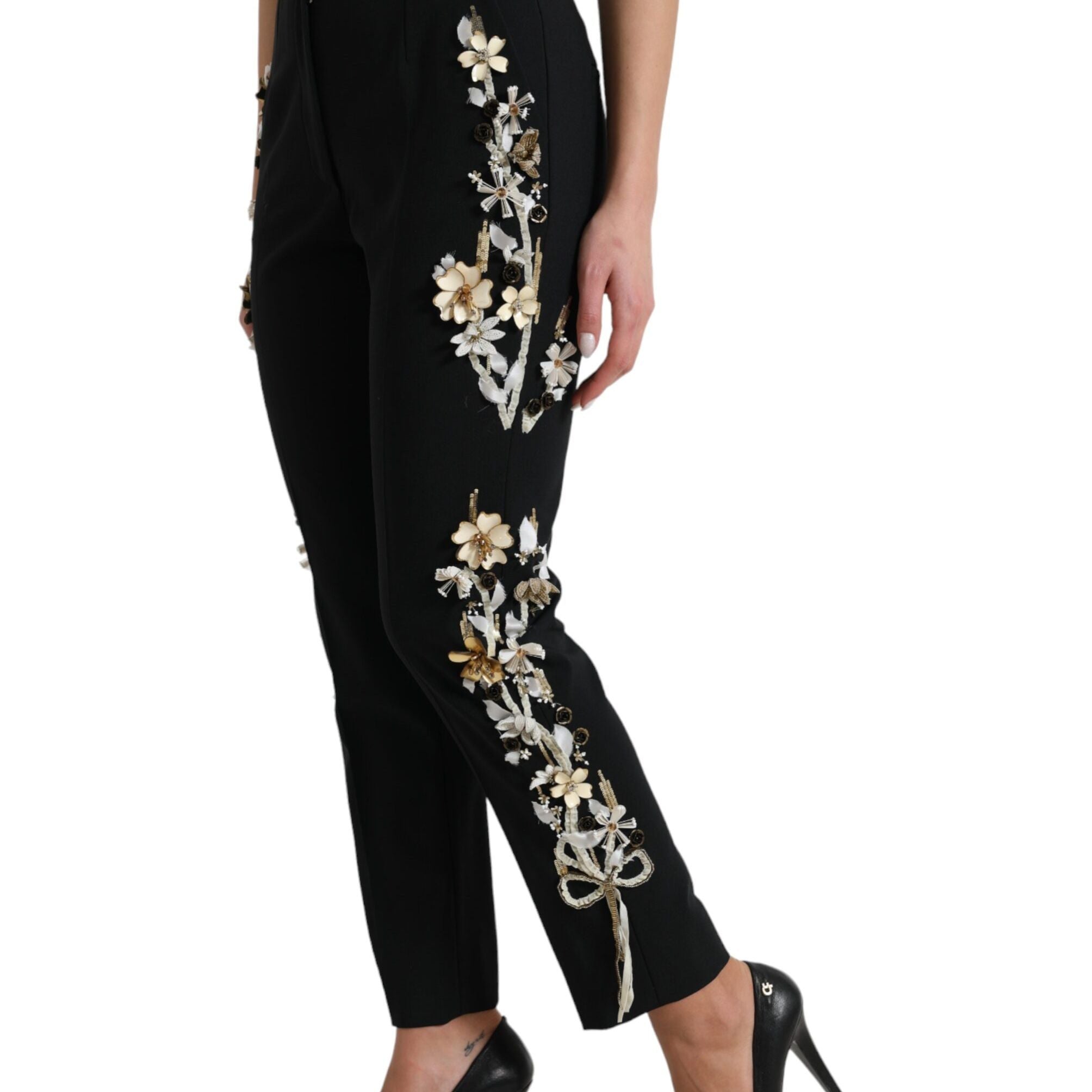 Dolce & Gabbana Black Floral Applique High Waist Tapered Pants