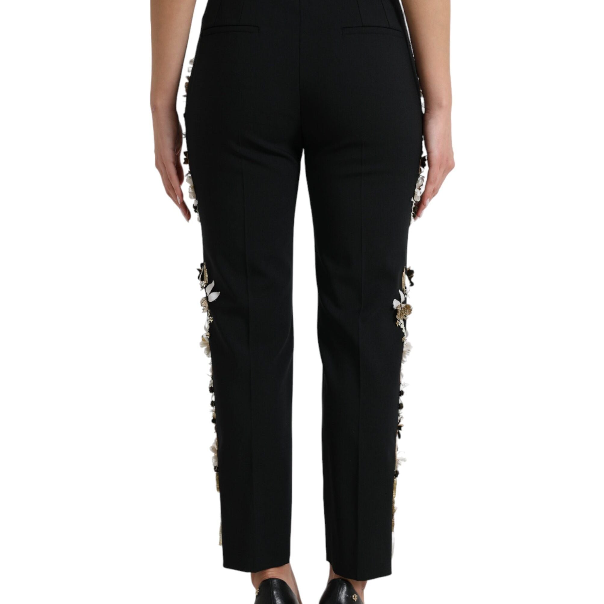 Dolce & Gabbana Black Floral Applique High Waist Tapered Pants