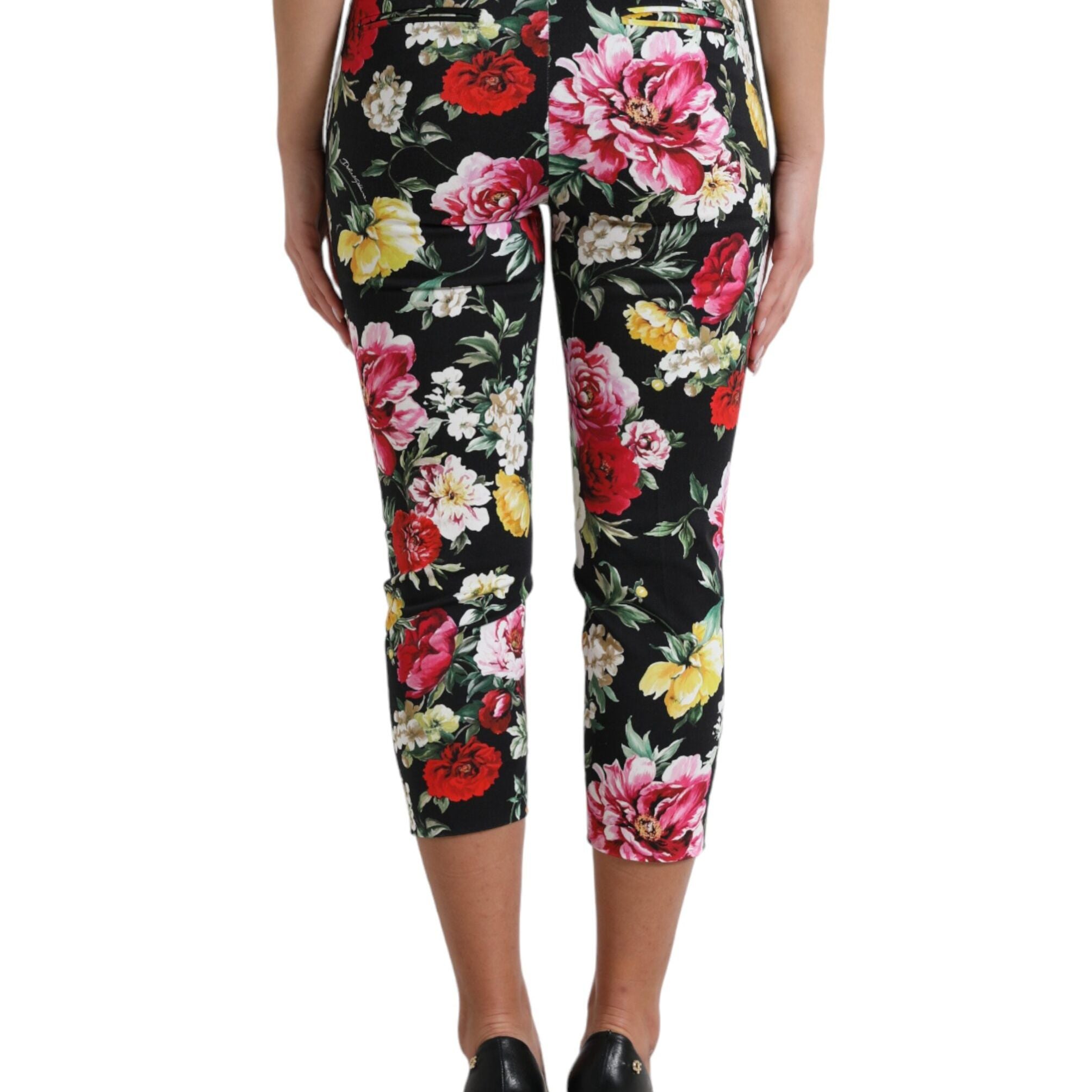 Dolce & Gabbana Black Floral Print Mid Waist Cropped Pants