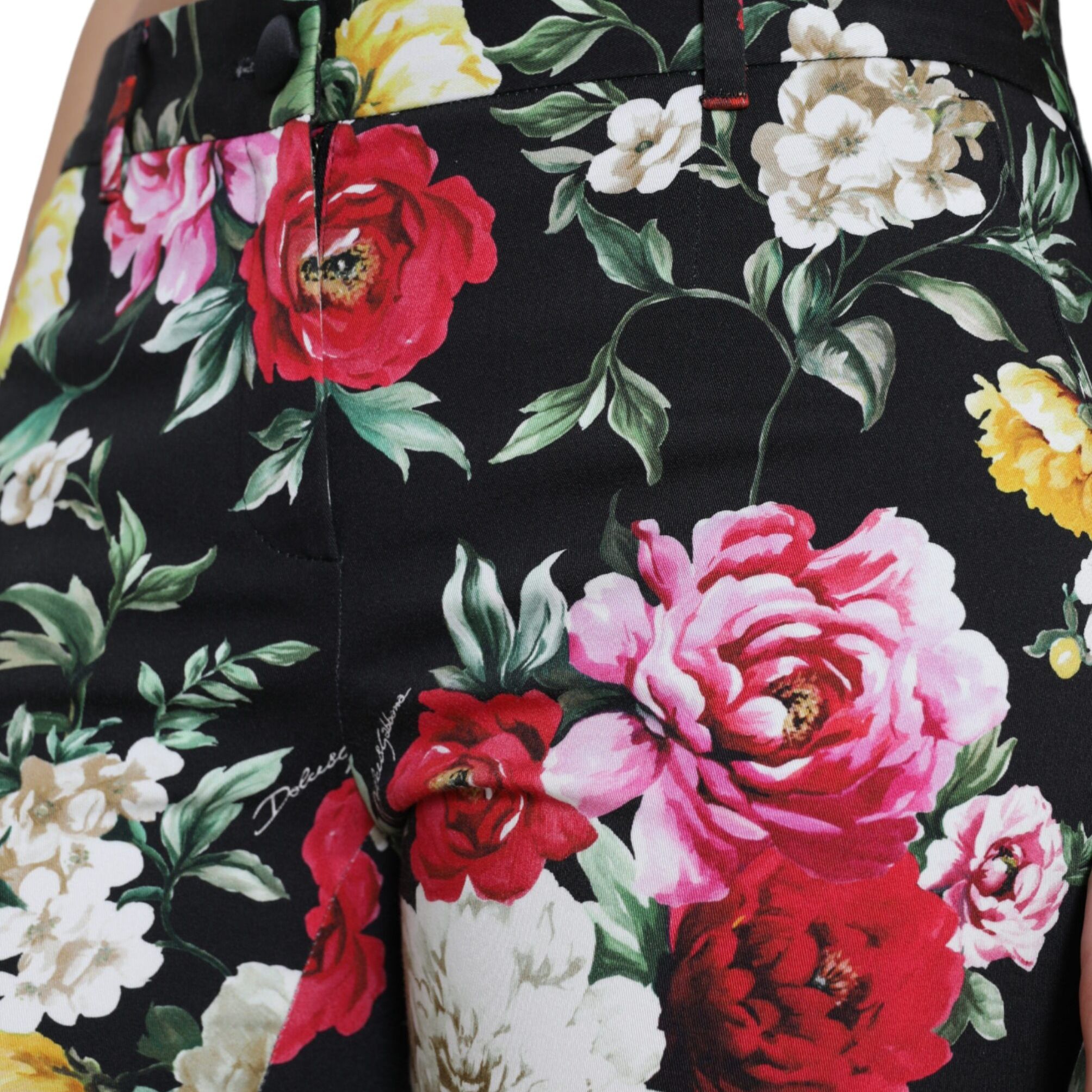 Dolce & Gabbana Black Floral Print Mid Waist Cropped Pants