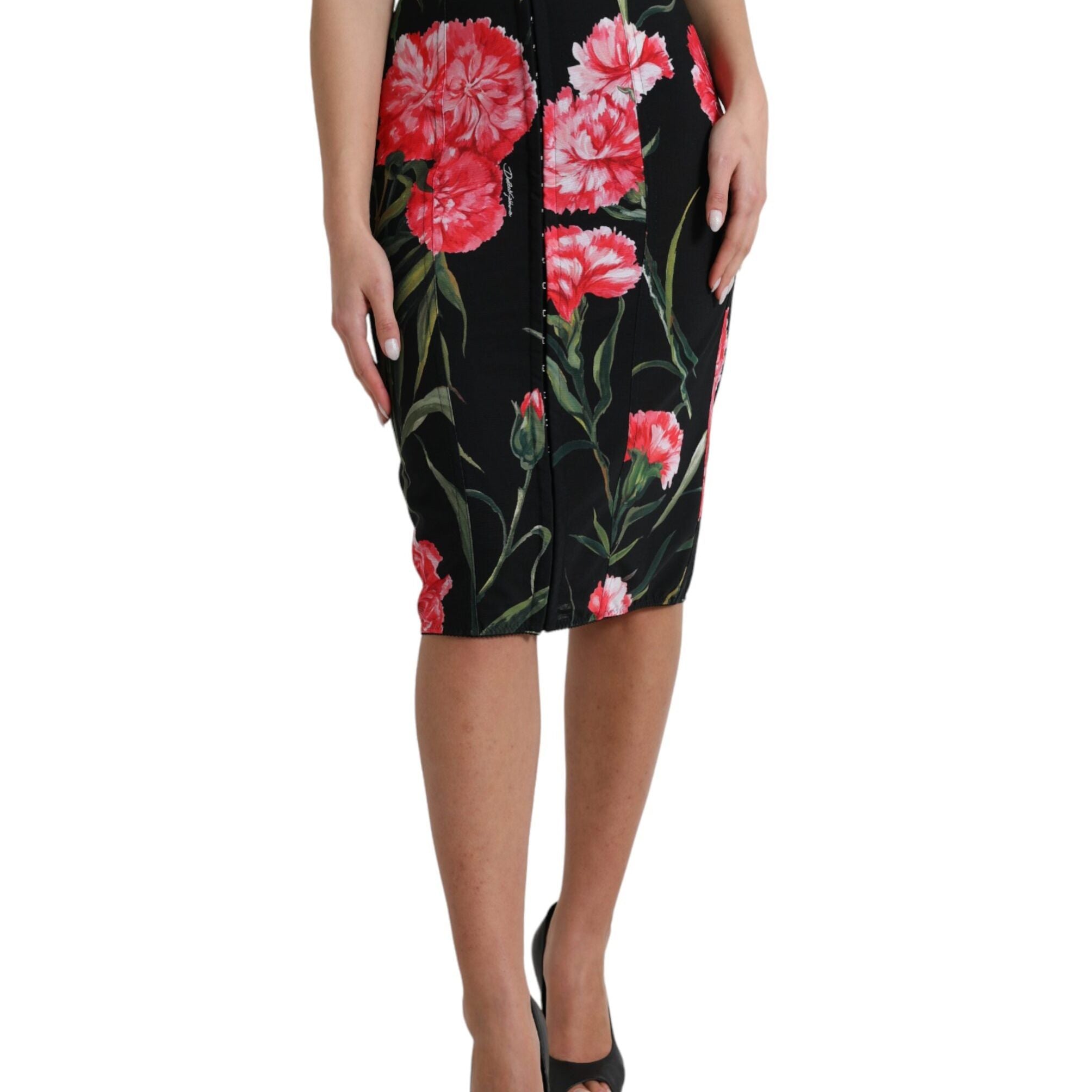 Dolce & Gabbana Black Carnation Pencil Cut Knee Length Skirt
