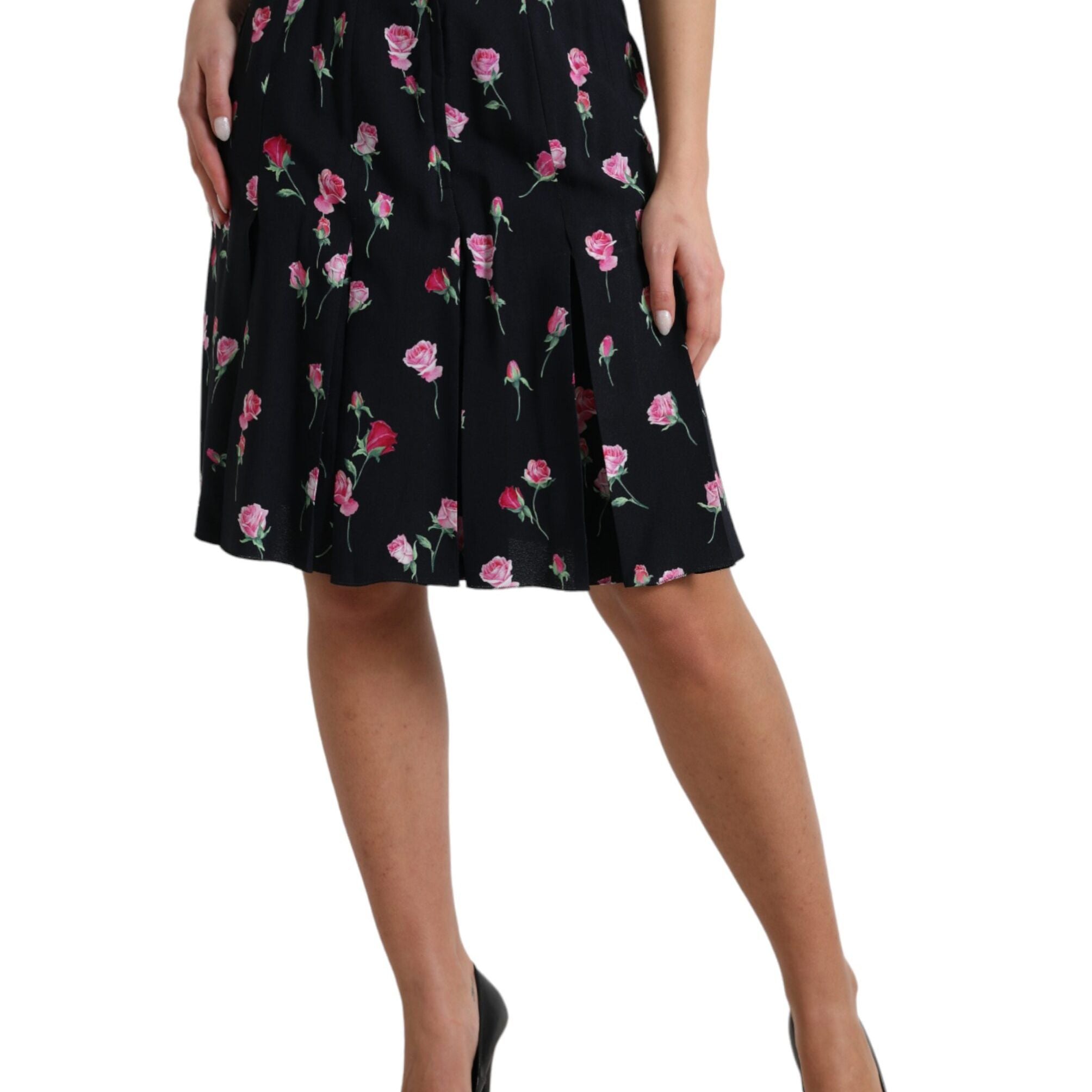 Dolce & Gabbana Black Rose High Waist A-line Knee Length Skirt