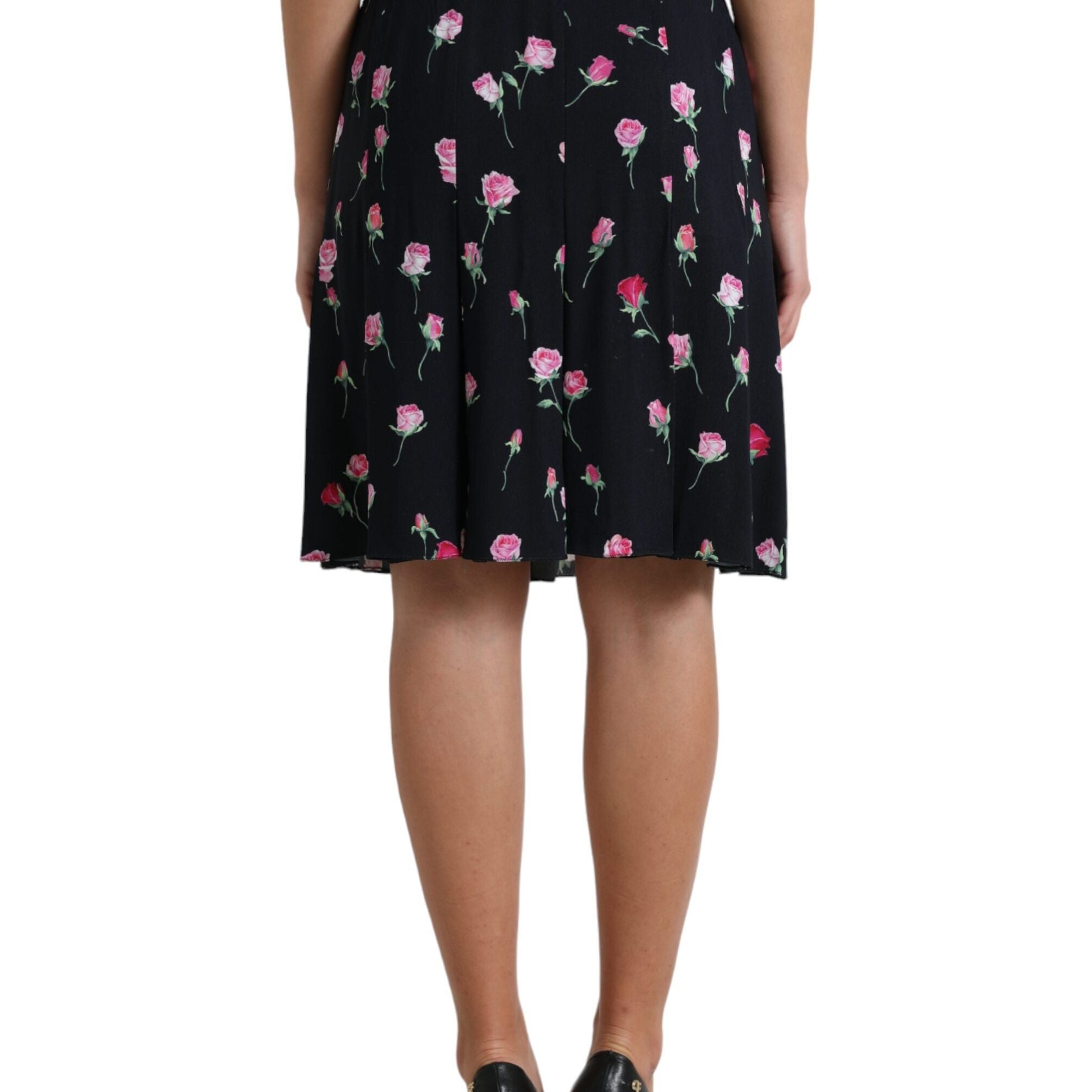 Dolce & Gabbana Black Rose High Waist A-line Knee Length Skirt