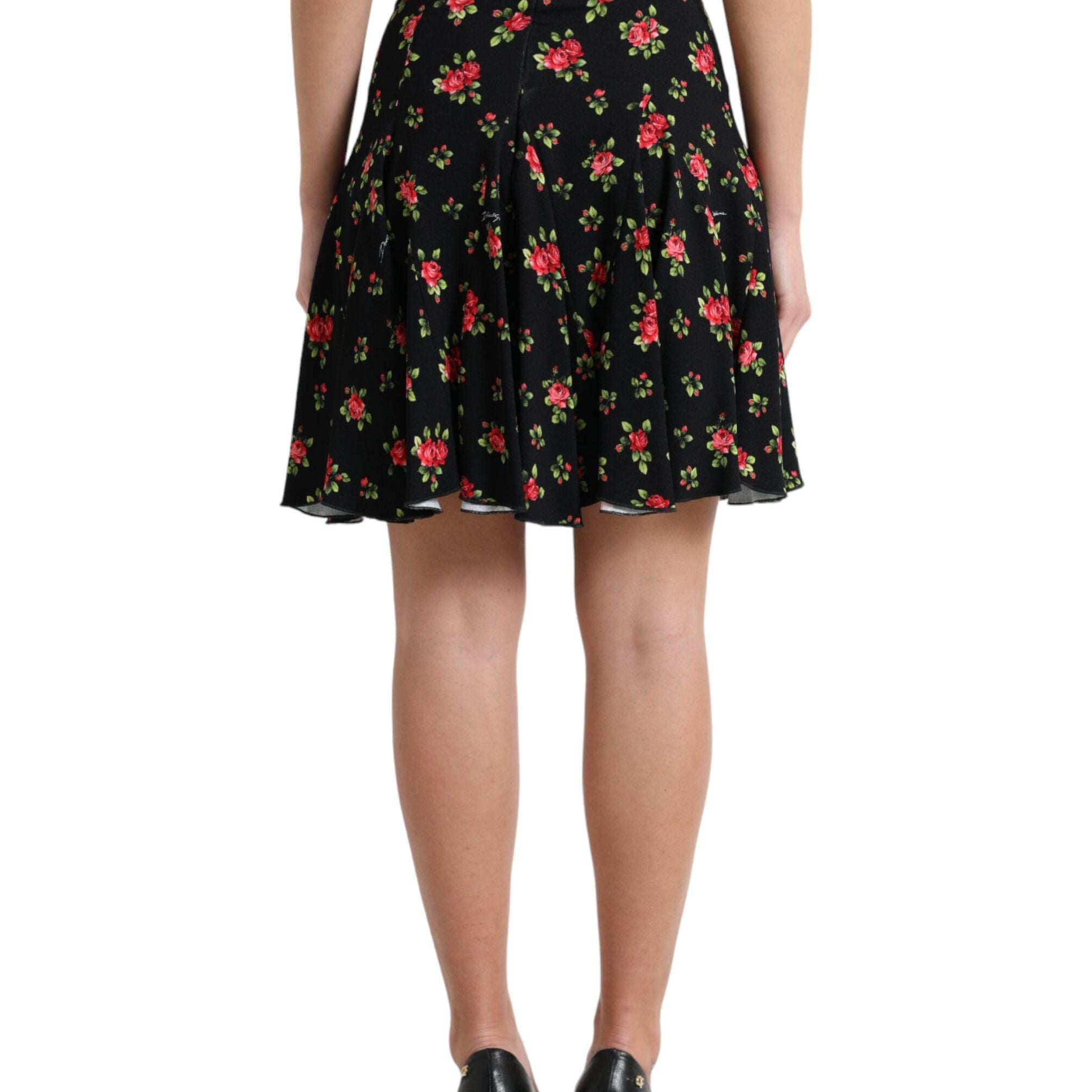 Dolce & Gabbana Black Rose Print High Waist A-line Mini Skirt