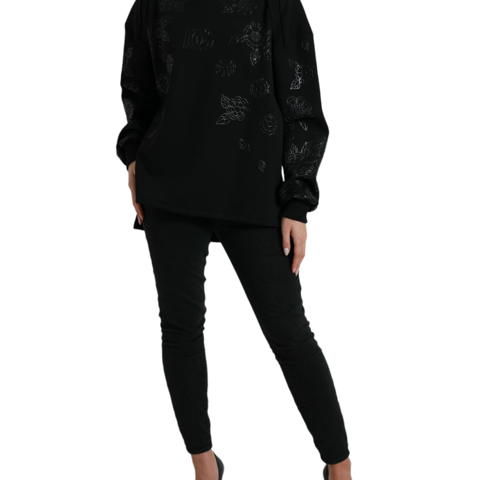 Dolce & Gabbana Black Pullover Floral Logo Applique Sweater