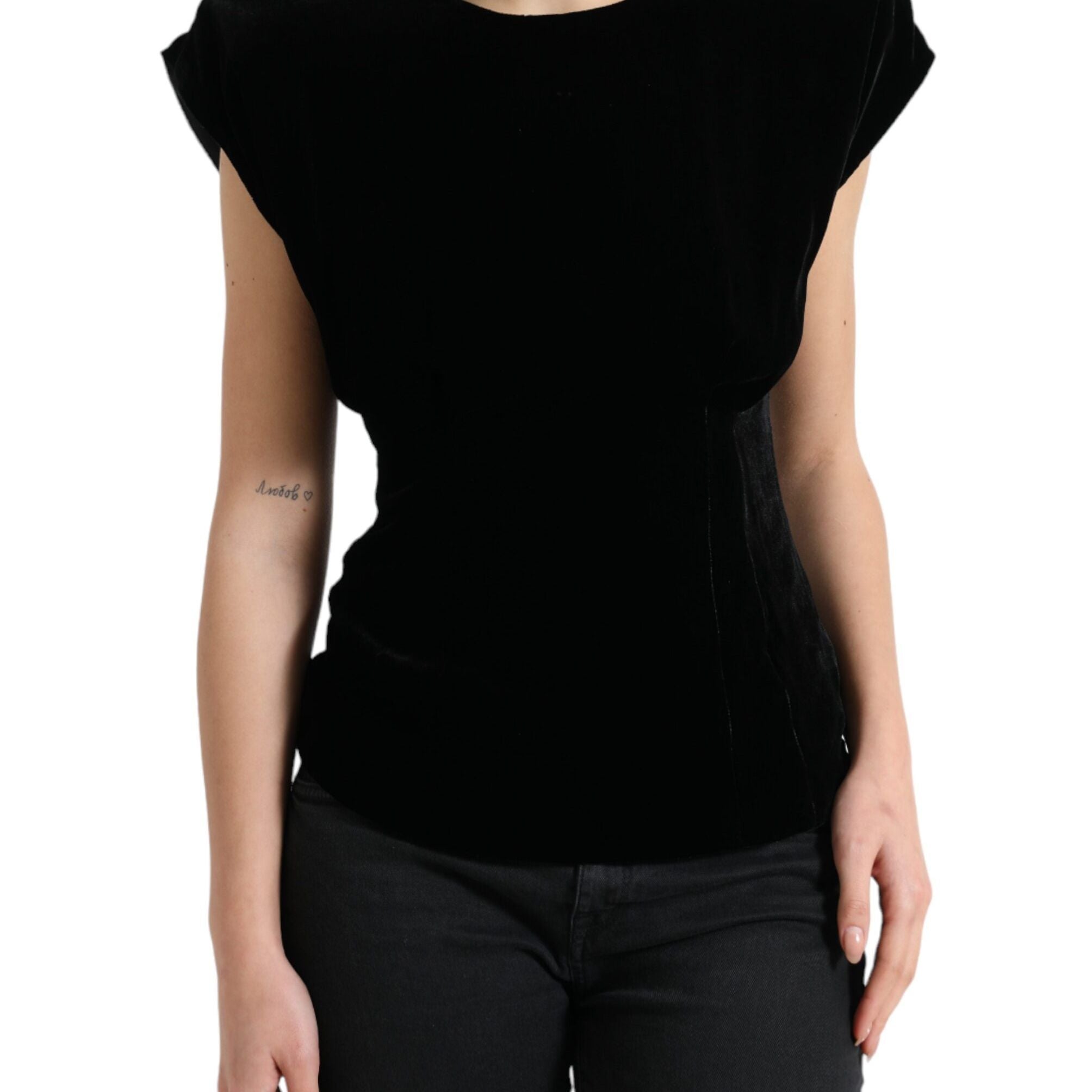 Dolce & Gabbana Black Velvet Fitted Padded Shoulder Blouse Top