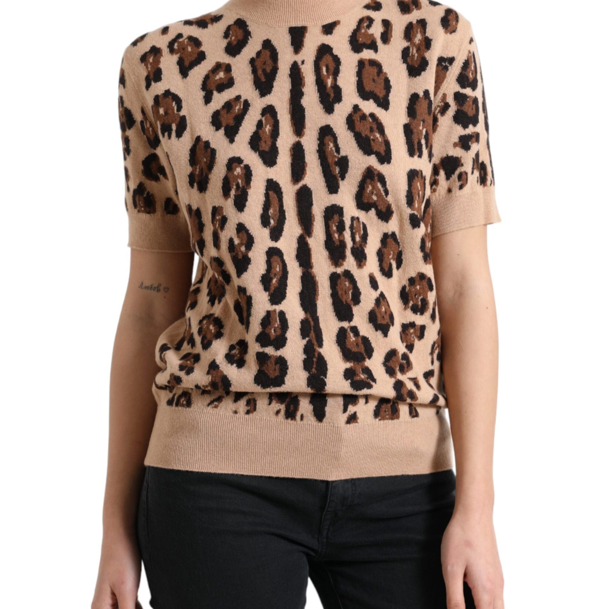 Dolce & Gabbana Beige Leopard Print Wool Turtleneck Top
