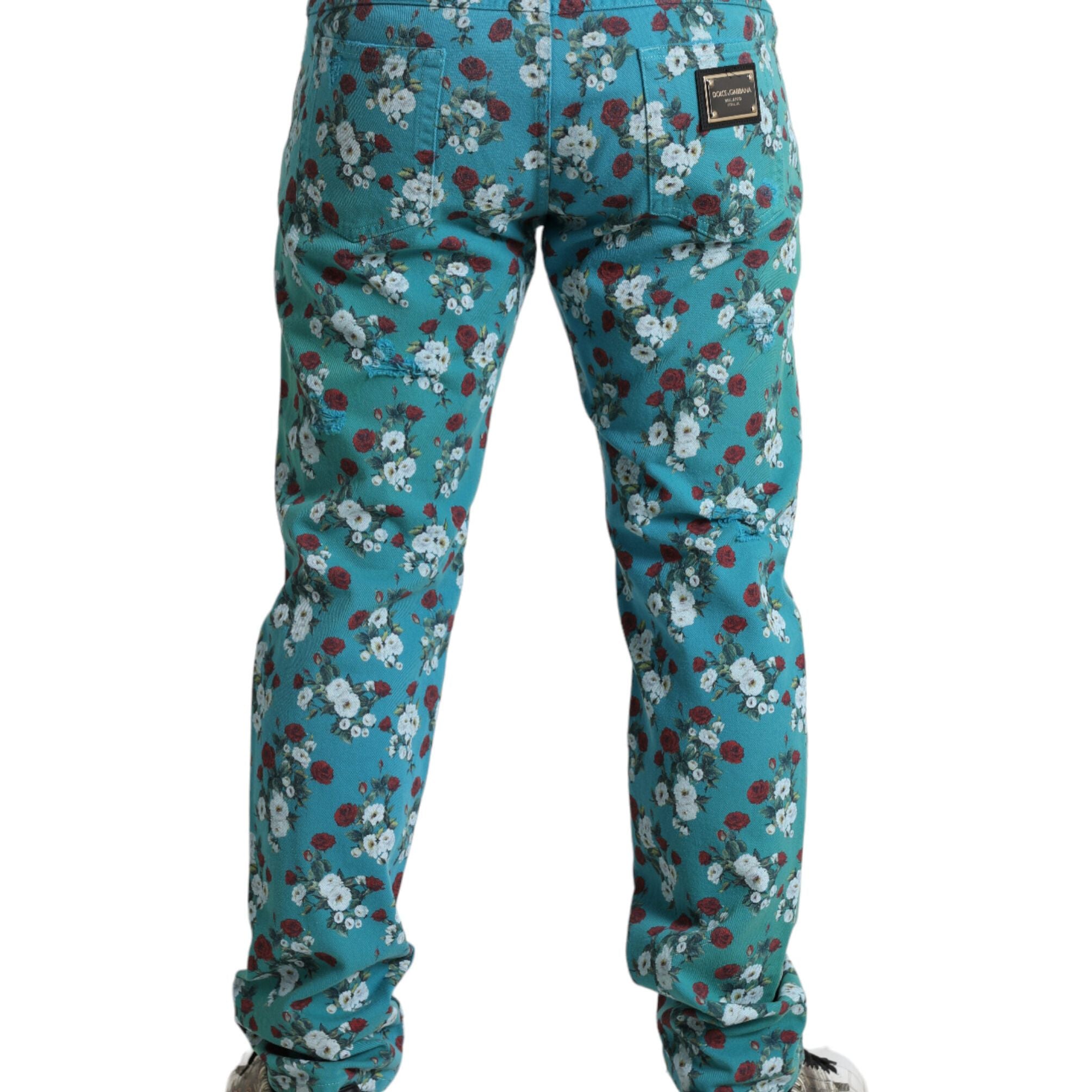 Dolce & Gabbana Blue Floral Print Skinny Cotton Denim Pants