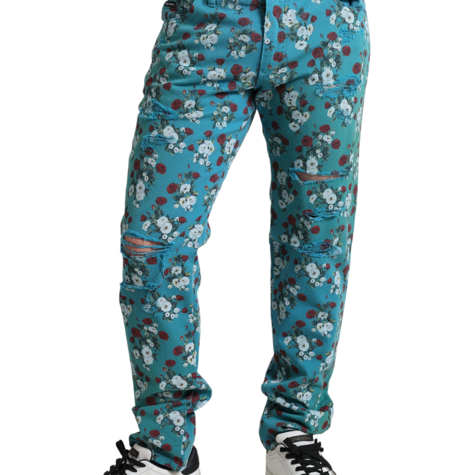 Dolce & Gabbana Blue Floral Print Skinny Cotton Denim Pants