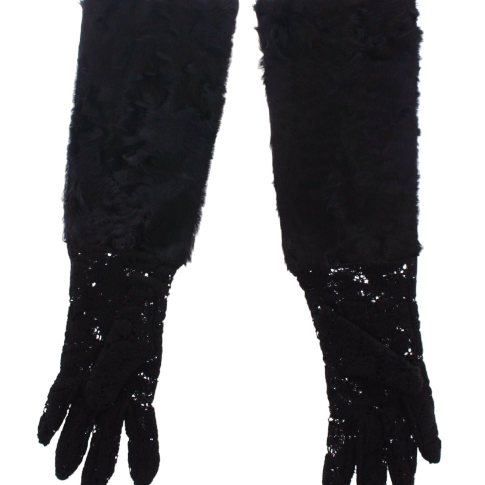 Dolce & Gabbana Black Lace Wool Lambskin Fur Elbow Gloves