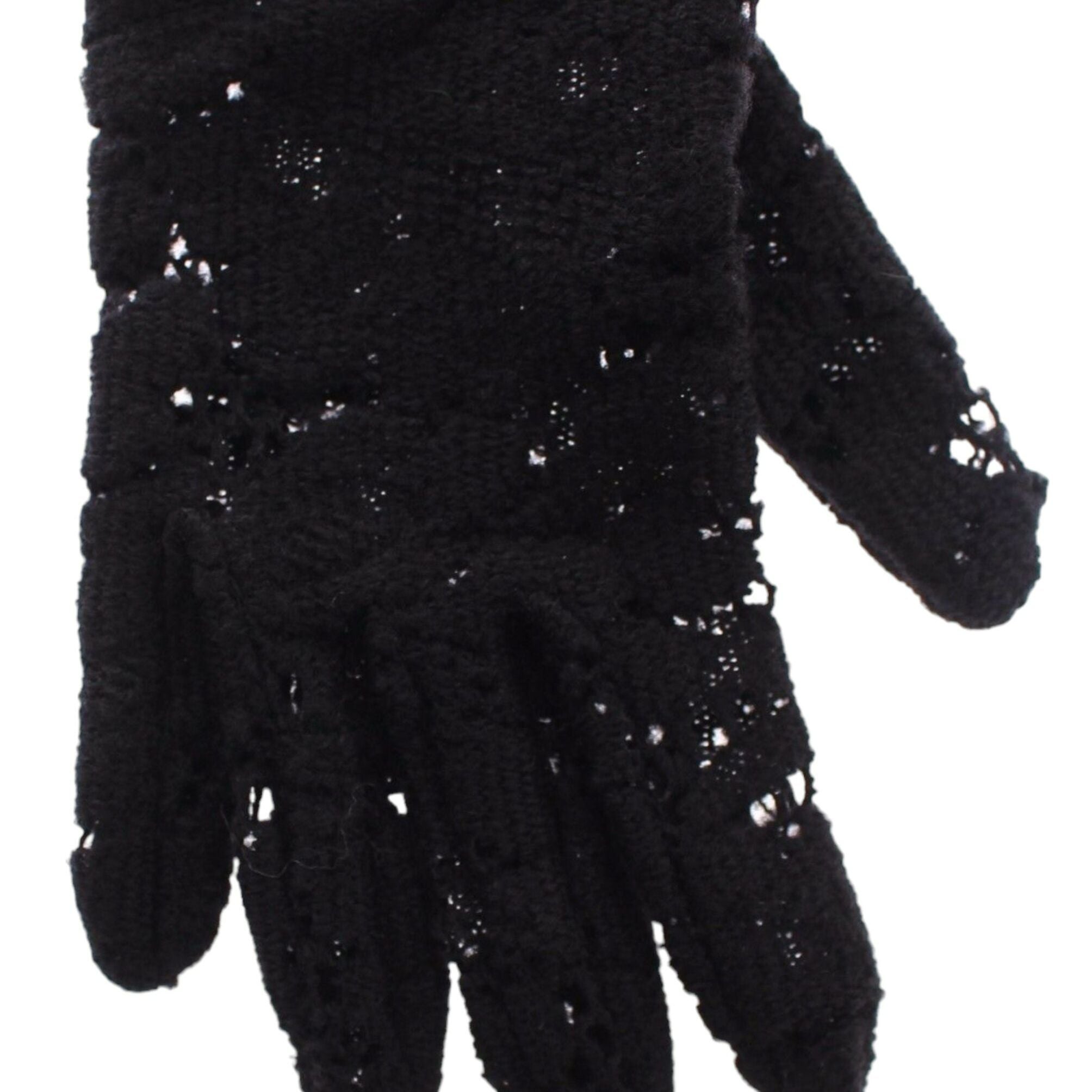 Dolce & Gabbana Black Lace Wool Lambskin Fur Elbow Gloves