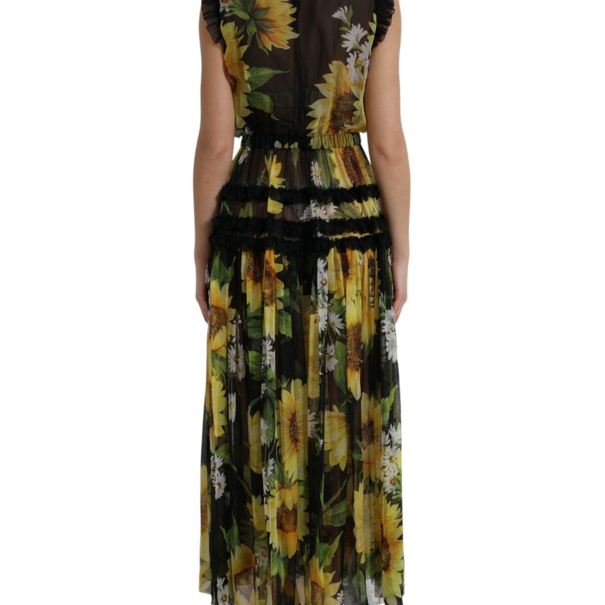 Dolce & Gabbana Black Sunflower A-line Pleated Maxi Dress