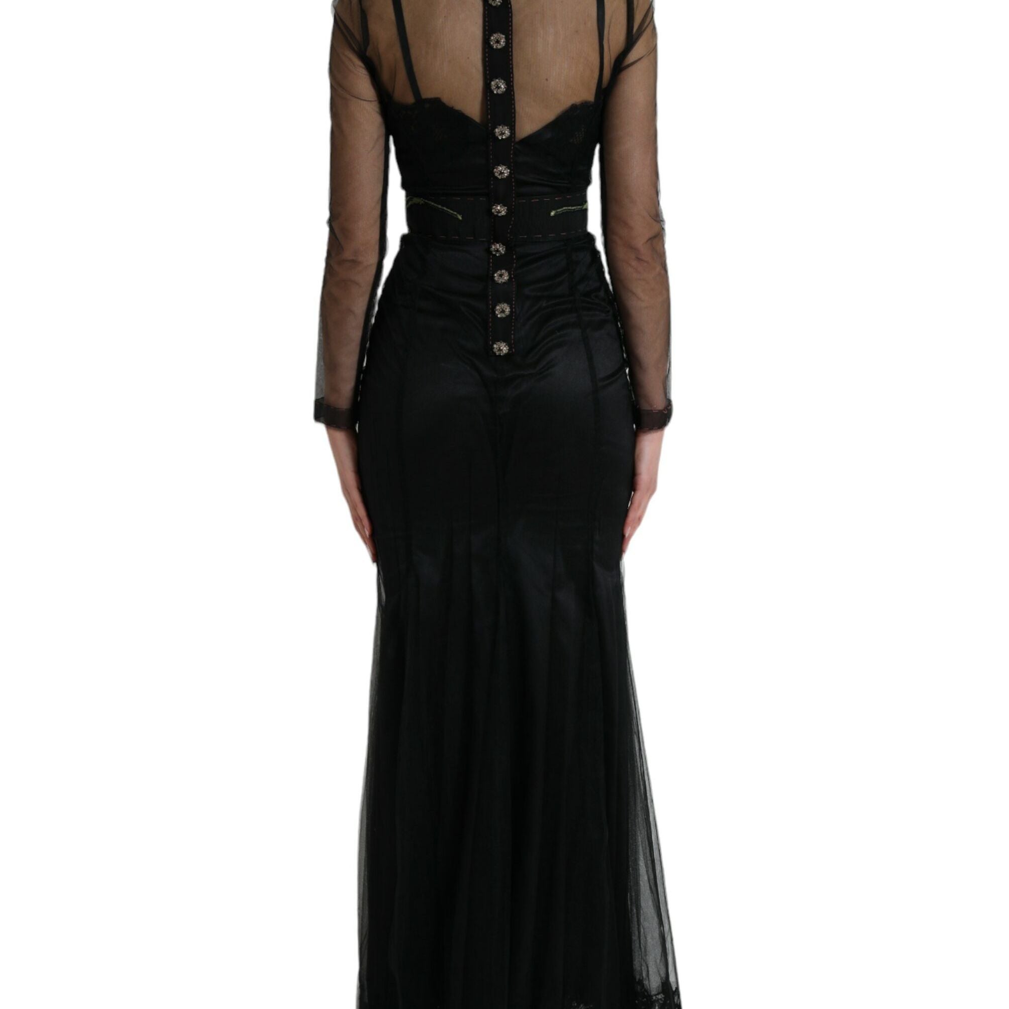Dolce & Gabbana Black Floral Embroidery Mesh Tulle Gown Dress