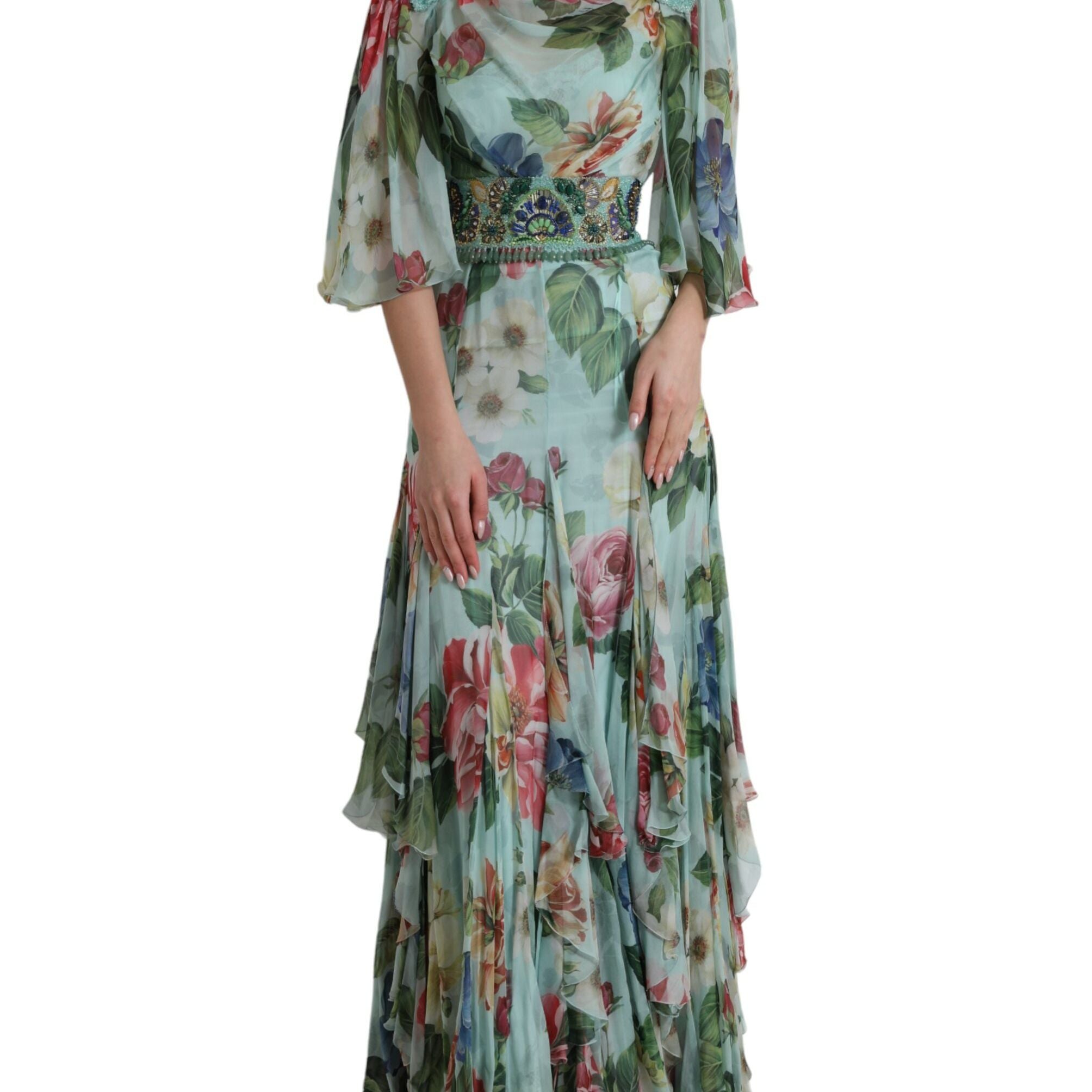 Dolce & Gabbana Blue Floral Print Tiered Long Maxi Dress