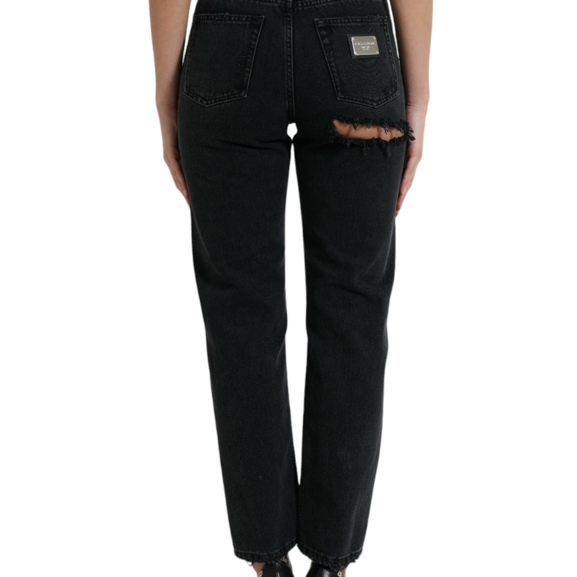 Dolce & Gabbana Black Cotton High Waist Tattered Denim Jeans